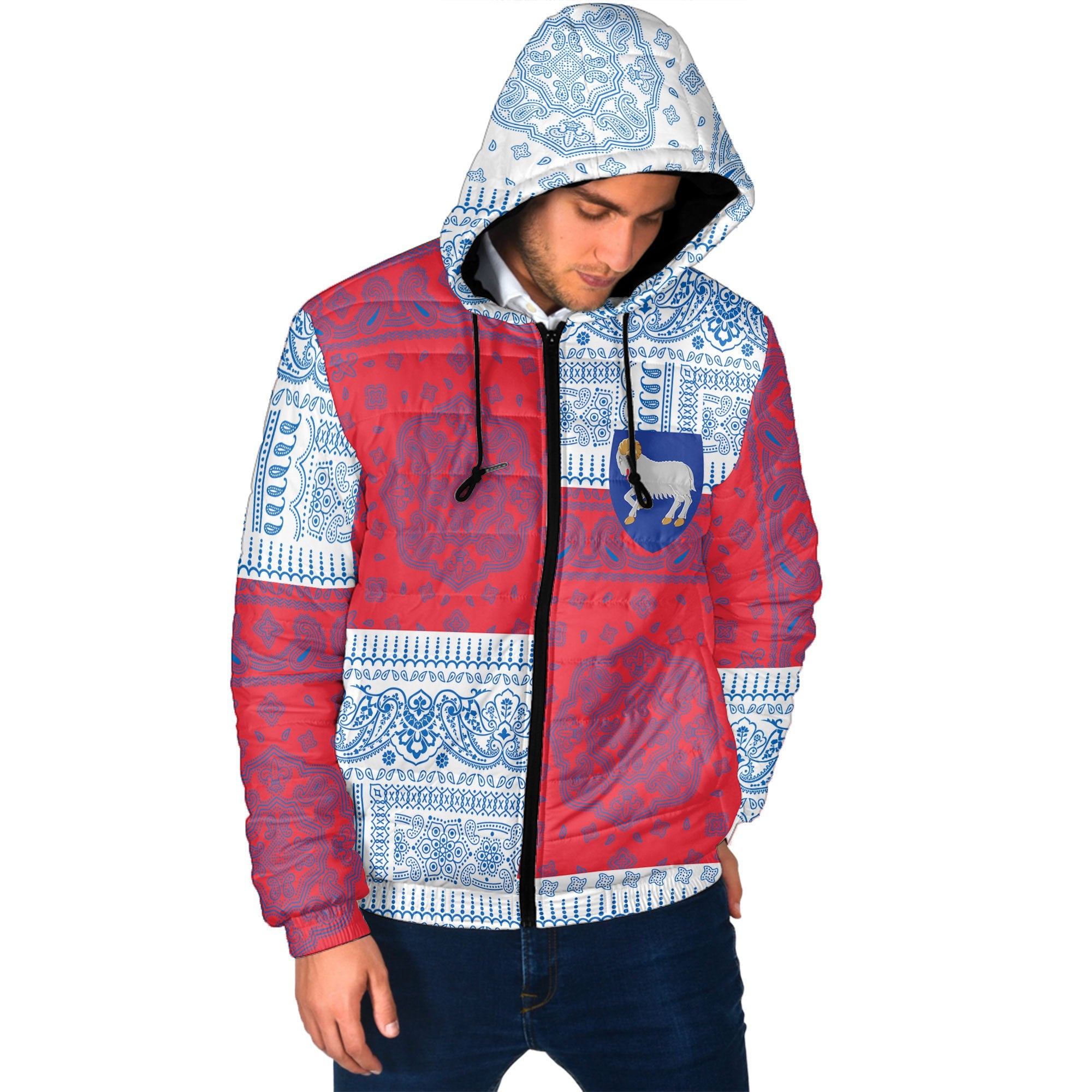 Faroe Islands Men Hooded Padded Jacket Flag And Paisley Basic Style 2