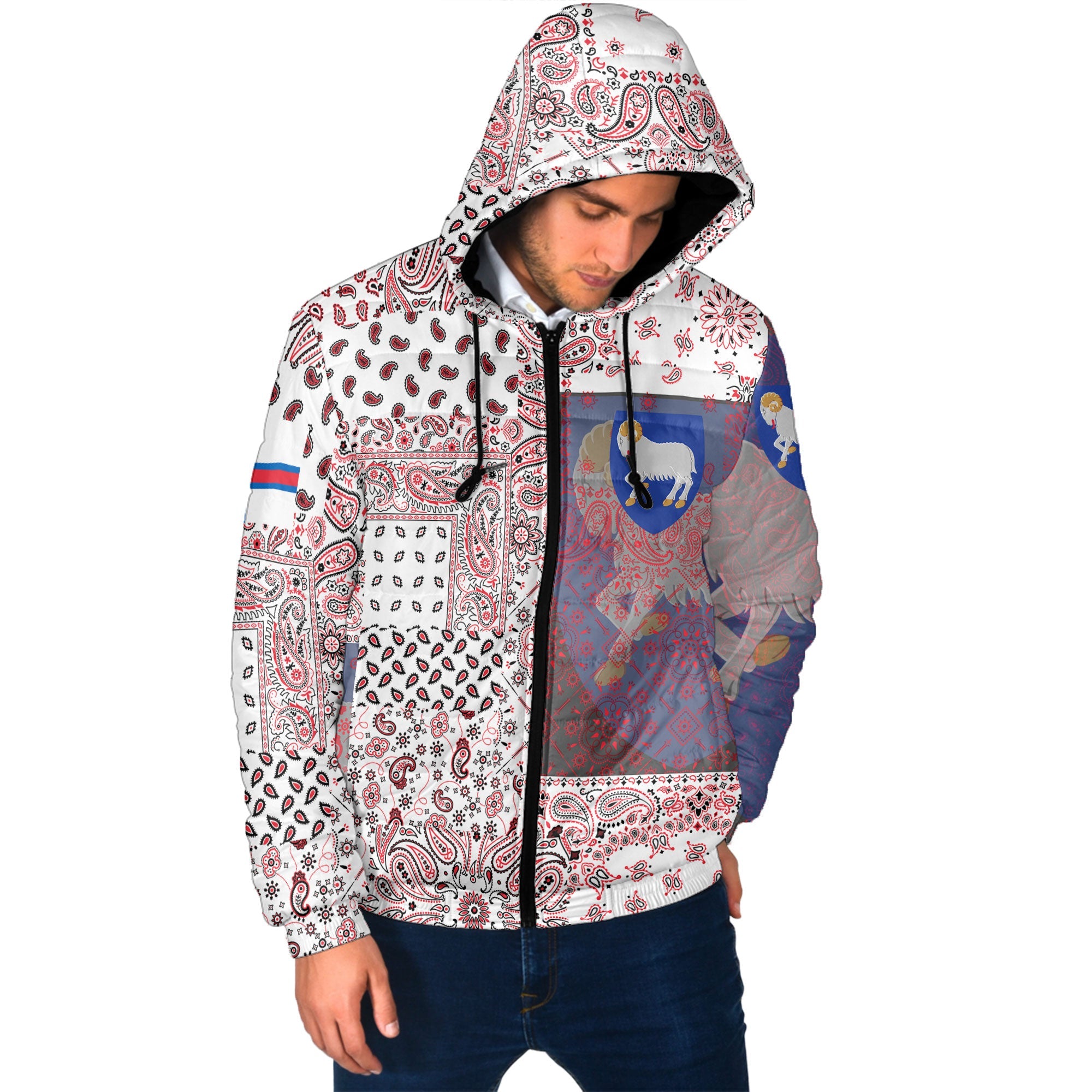 Faroe Islands Men Hooded Padded Jacket Paisley Flag And Skull Style 2