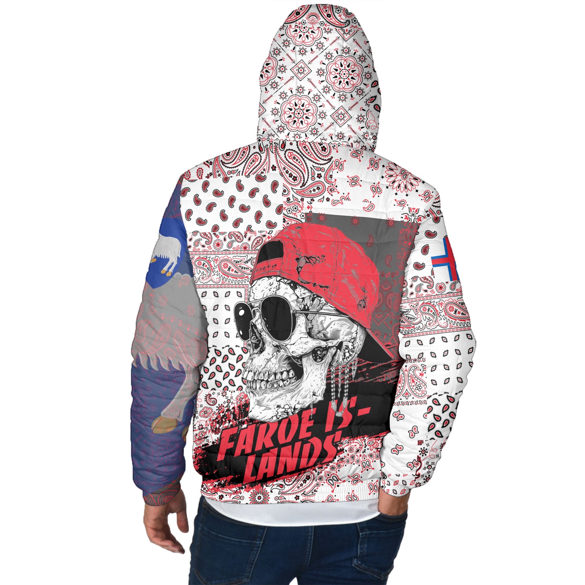 Faroe Islands Men Hooded Padded Jacket Paisley Flag And Skull Style 3