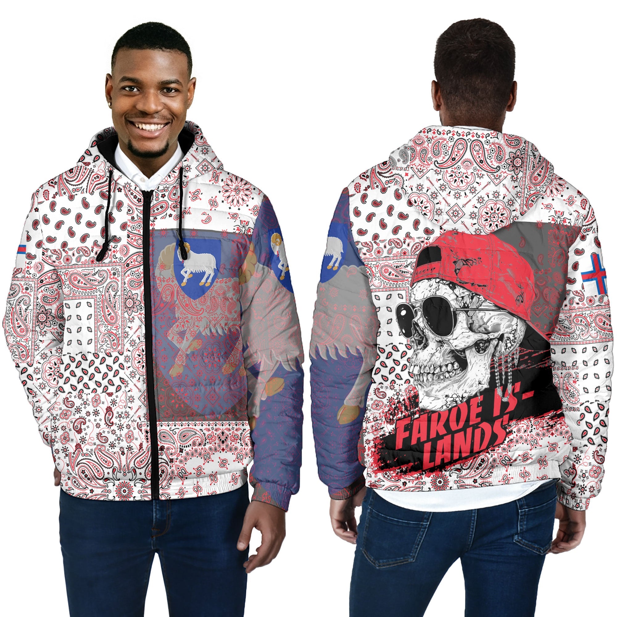 Faroe Islands Men Hooded Padded Jacket Paisley Flag And Skull Style 4