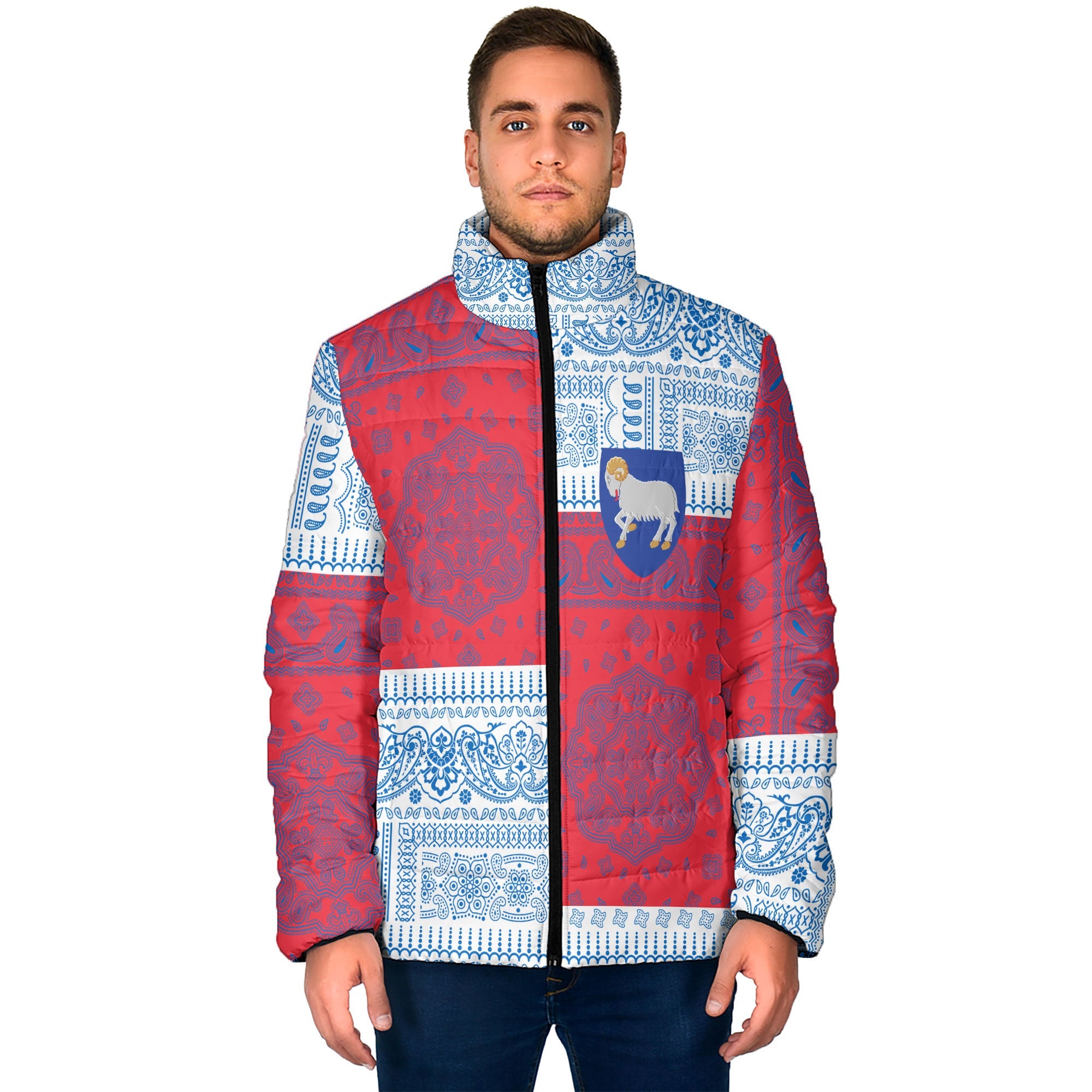 Faroe Islands Men Padded Jacket Flag And Paisley Basic Style 1