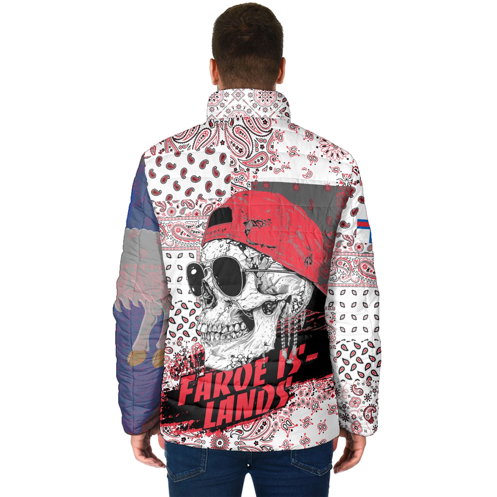 Faroe Islands Men Padded Jacket Paisley Flag And Skull Style 2