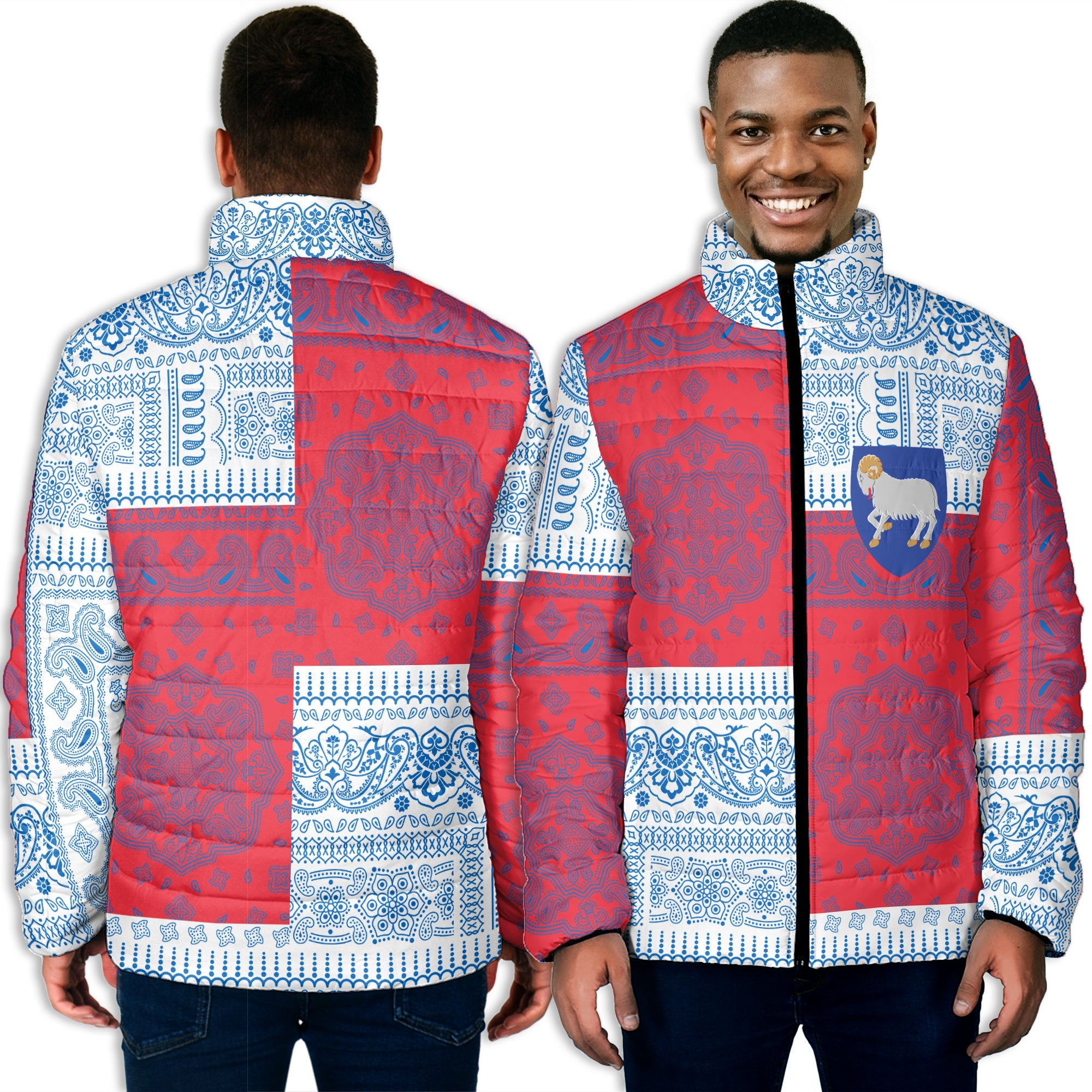 Faroe Islands Men Padded Jacket Flag And Paisley Basic Style 3