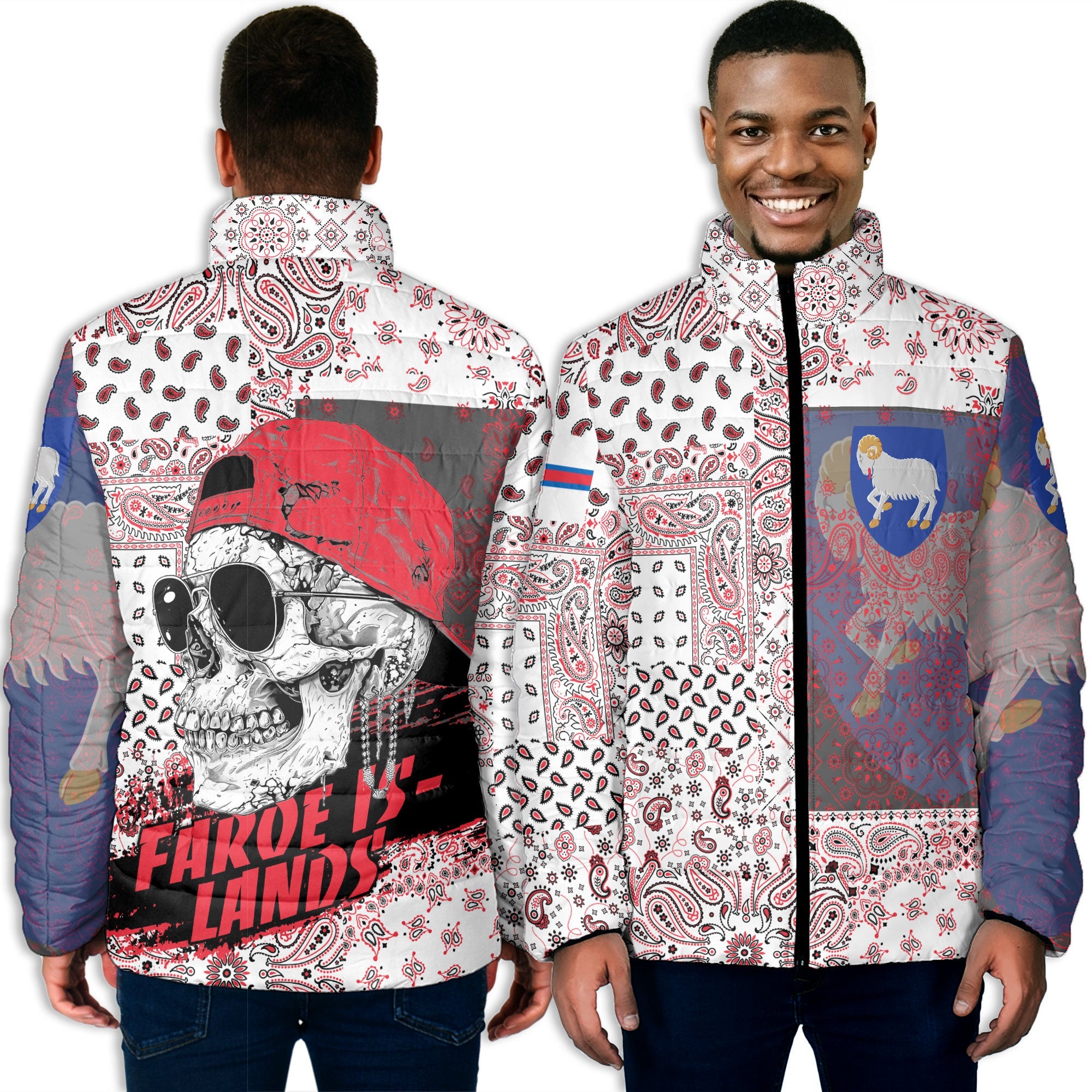 Faroe Islands Men Padded Jacket Paisley Flag And Skull Style 3