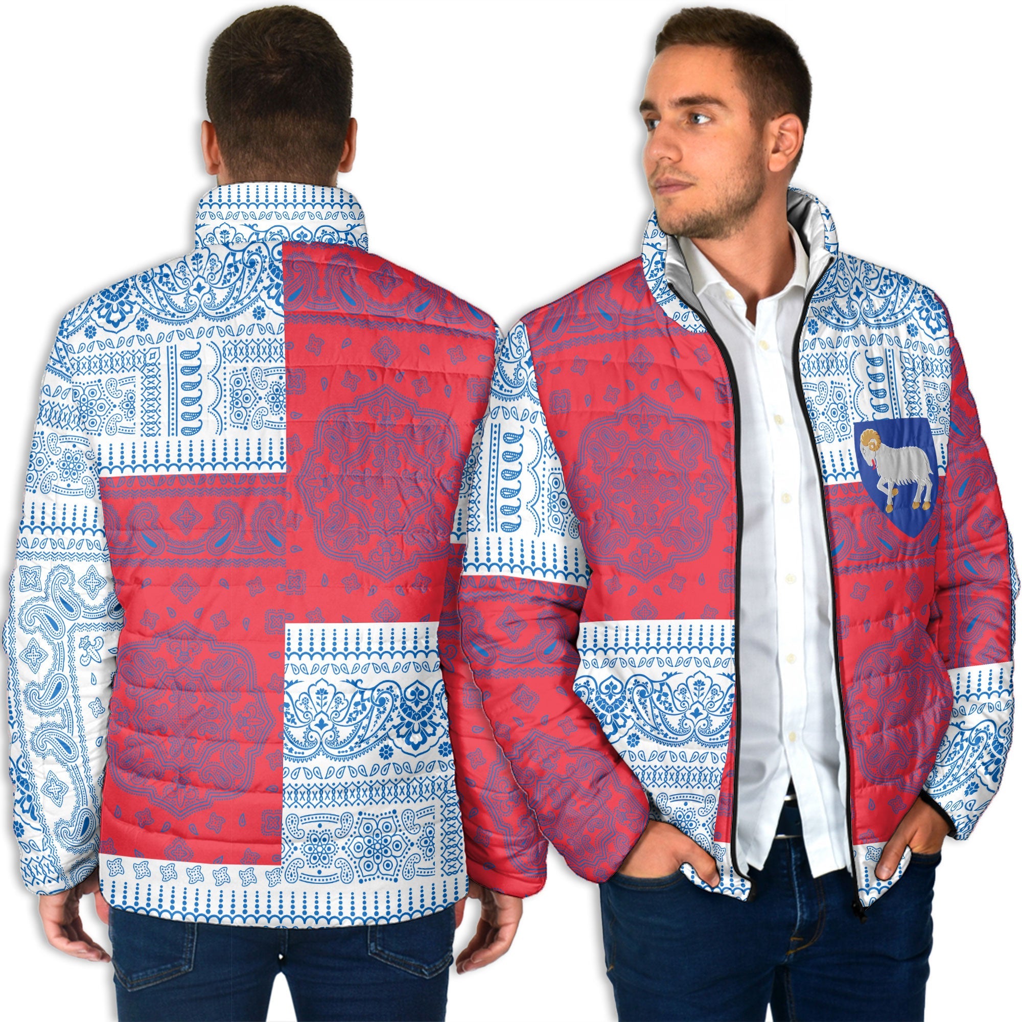 Faroe Islands Men Padded Jacket Flag And Paisley Basic Style 4