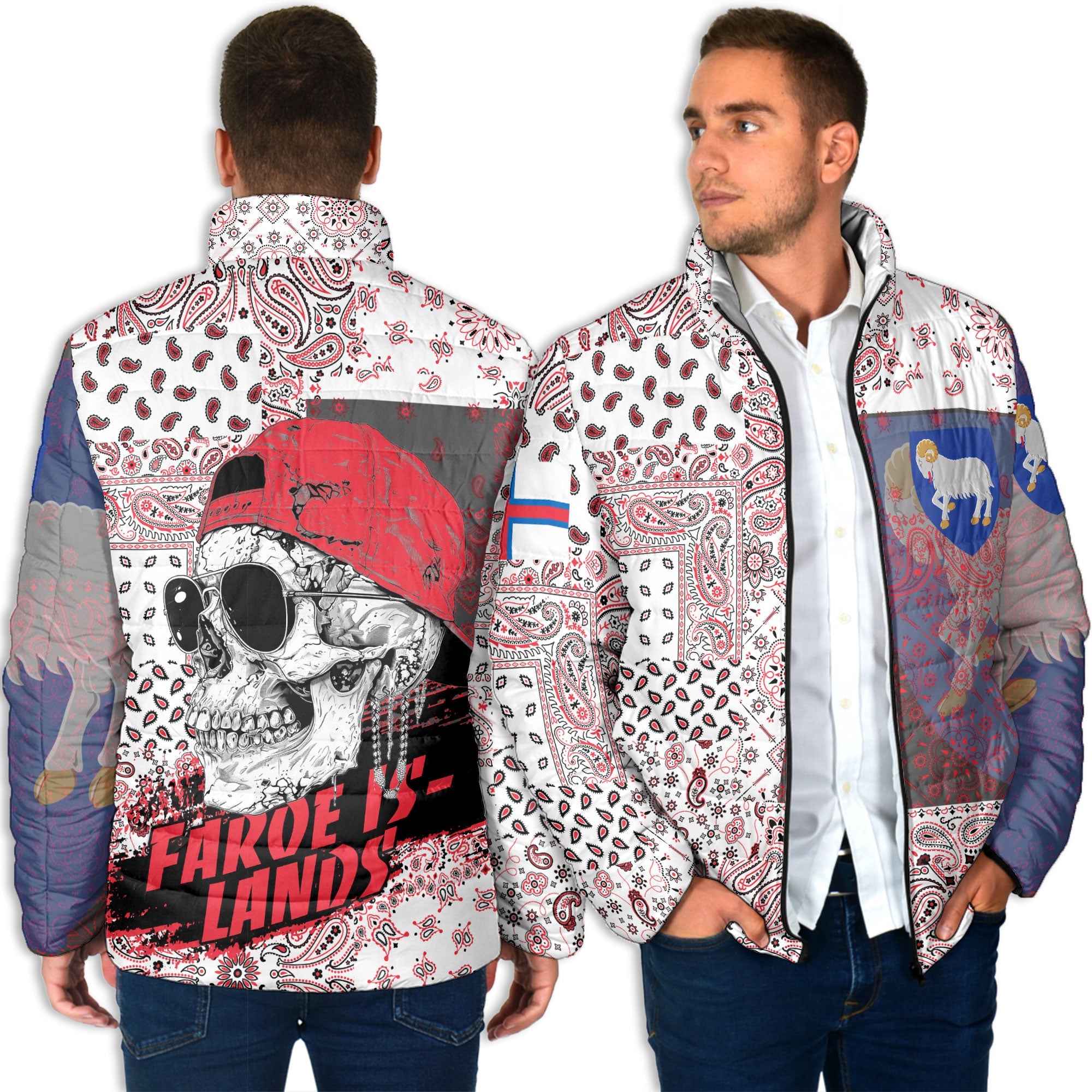 Faroe Islands Men Padded Jacket Paisley Flag And Skull Style 4