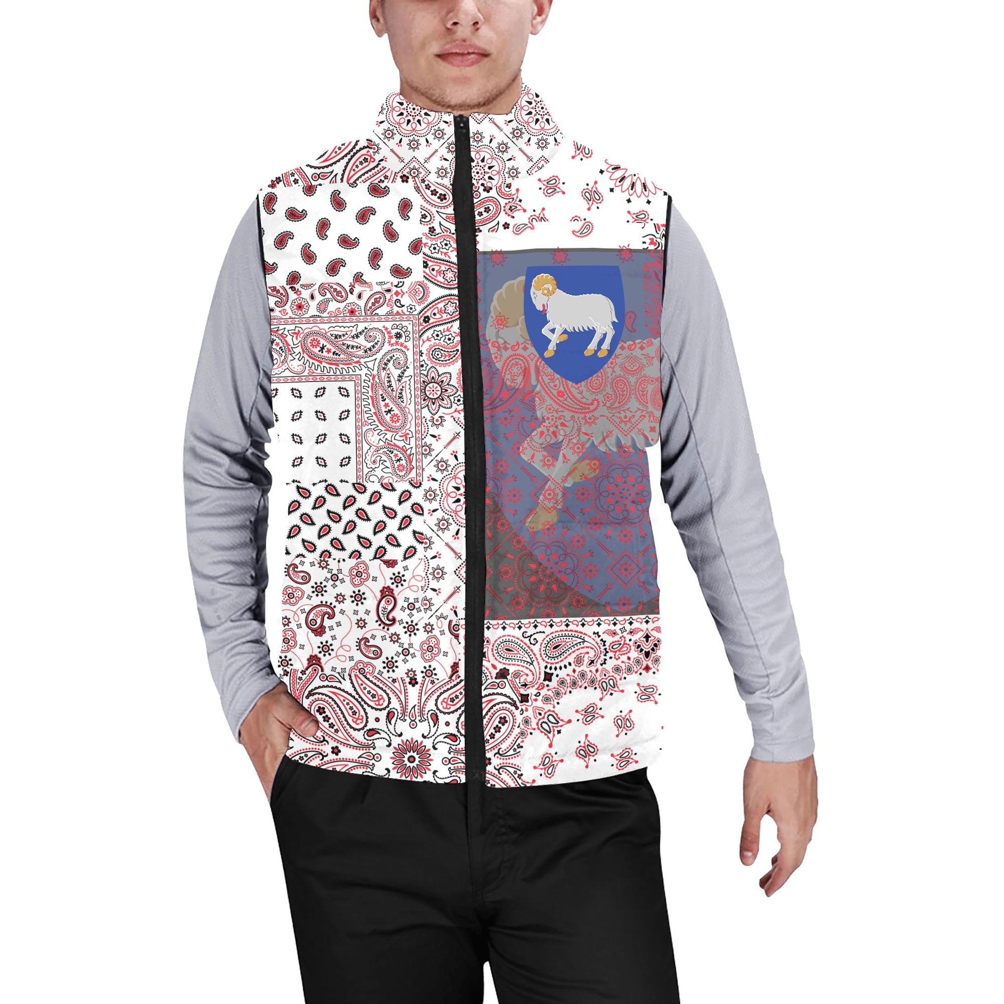 Faroe Islands Men Padded Jacket Vest Paisley Flag And Skull Style 1