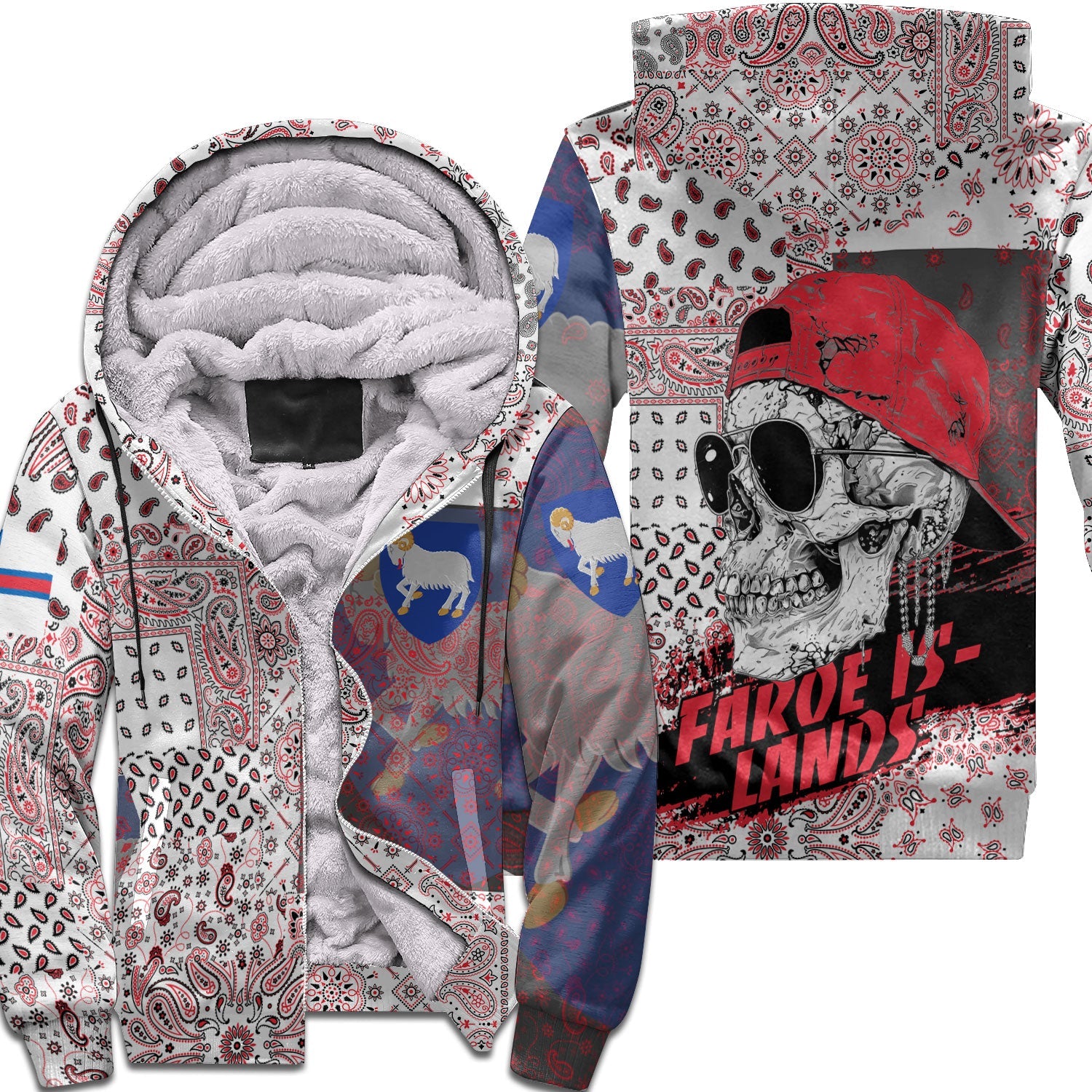 Faroe Islands Sherpa Hoodie Paisley Flag And Skull Style 1