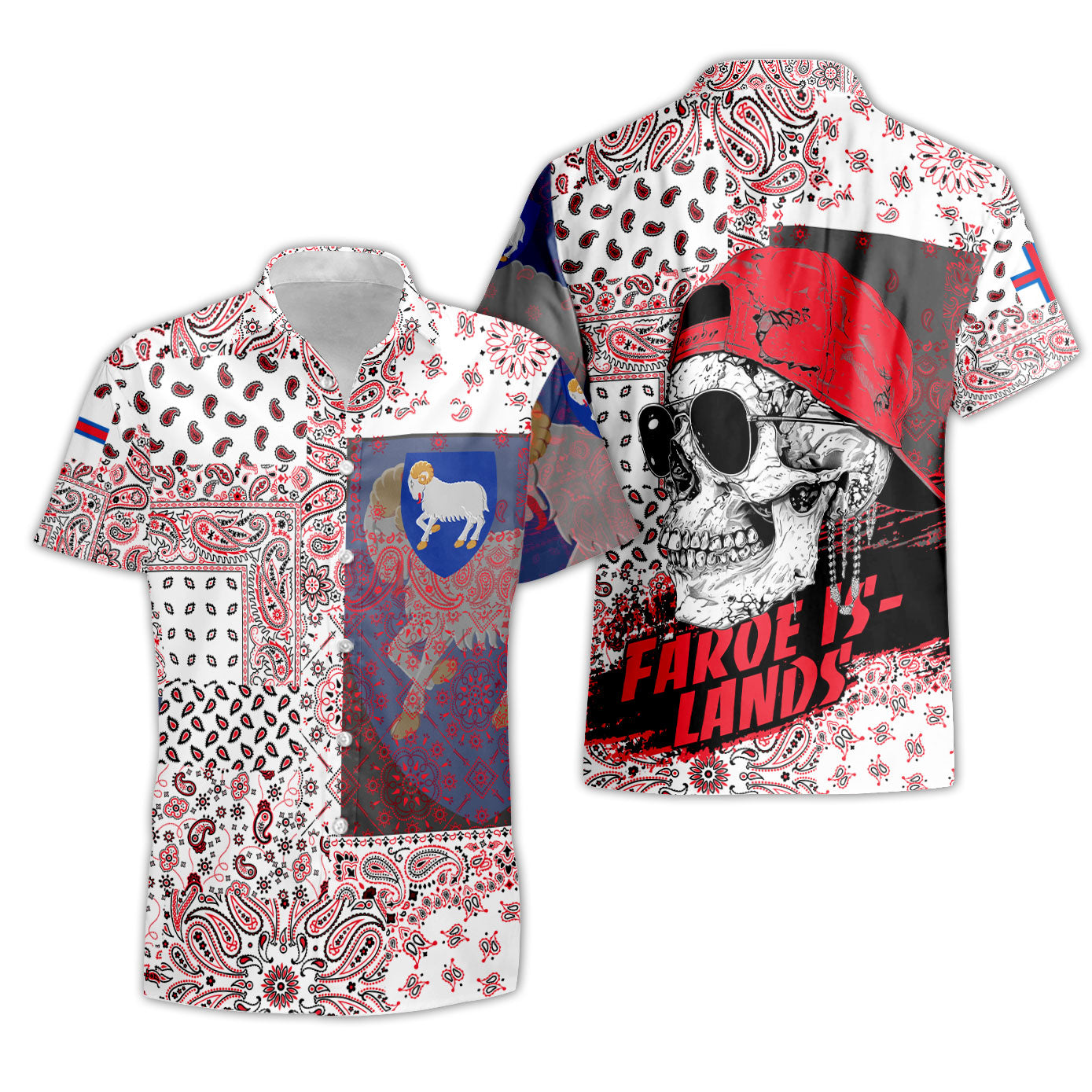 Faroe Islands Short Sleeve Shirt Paisley Flag And Skull Style 3