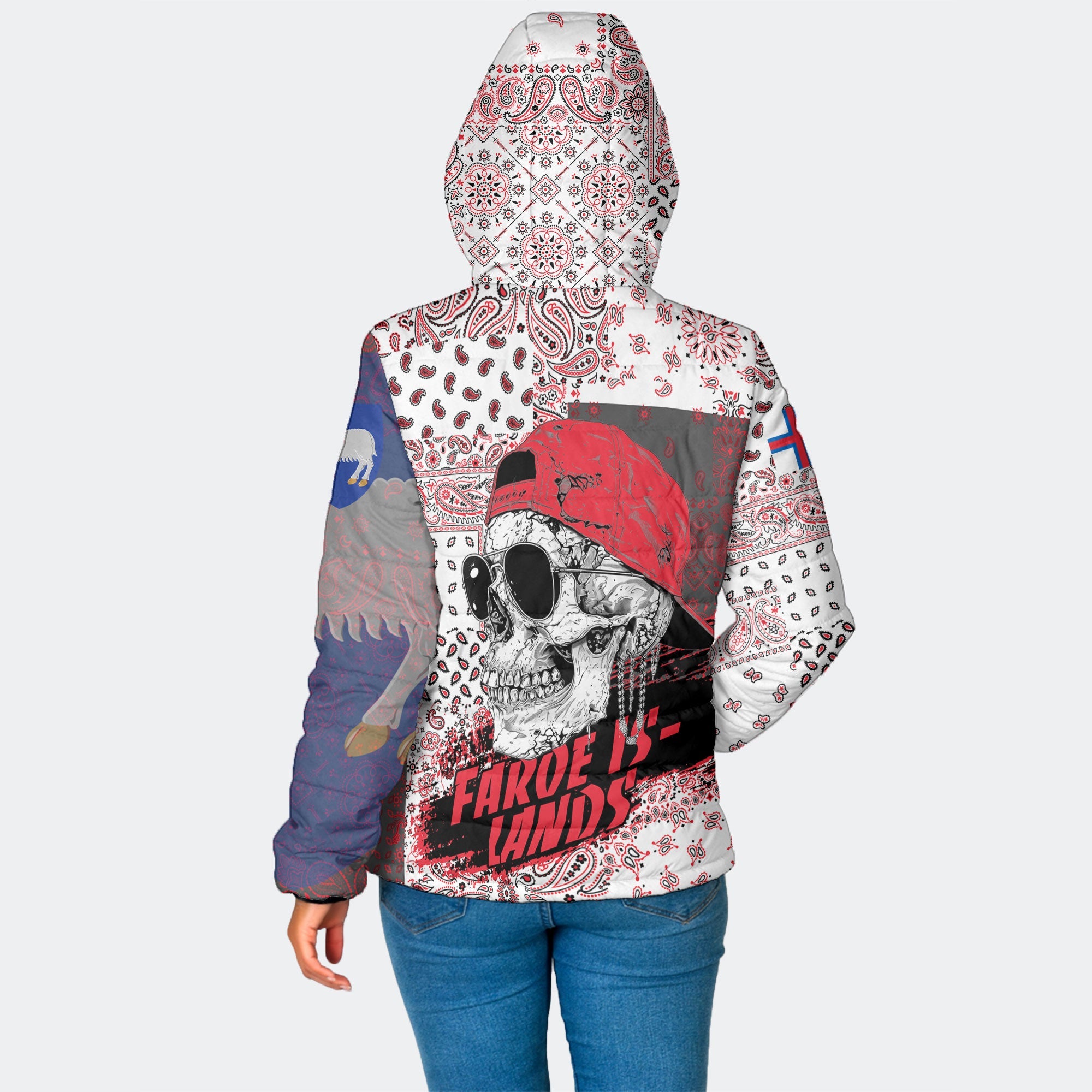 Faroe Islands Women Hooded Padded Jacket Paisley Flag And Skull Style 2