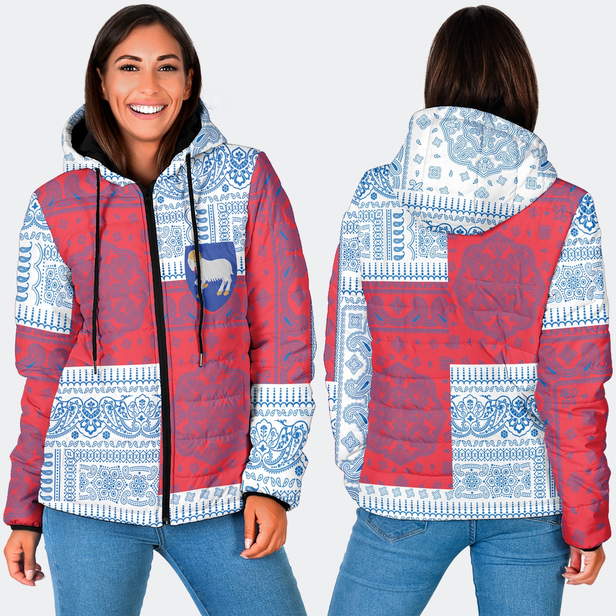 Faroe Islands Women Hooded Padded Jacket Flag And Paisley Basic Style 3