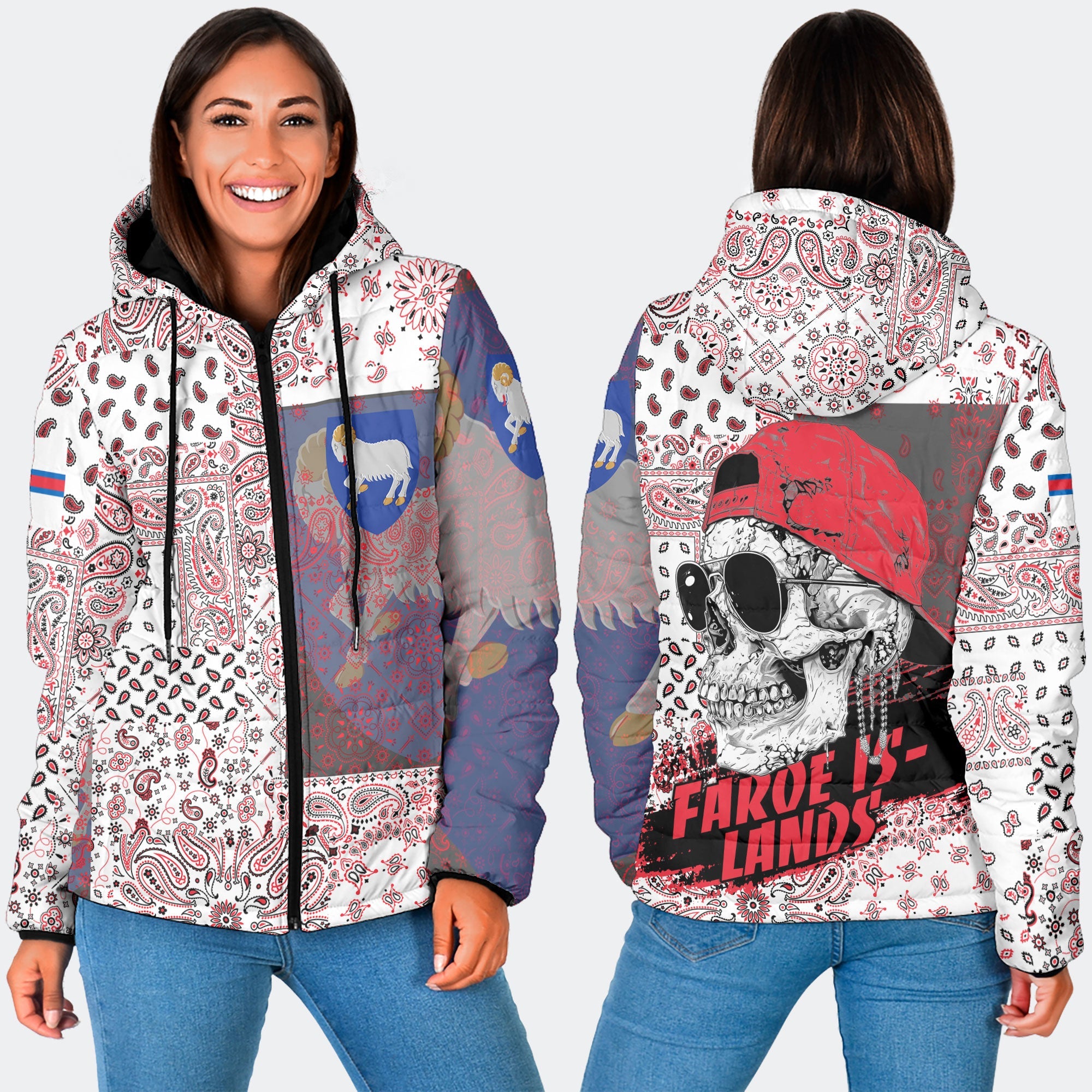 Faroe Islands Women Hooded Padded Jacket Paisley Flag And Skull Style 3