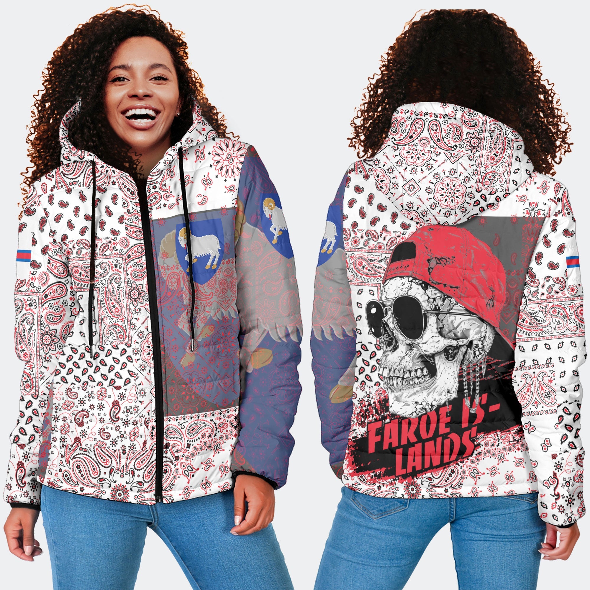 Faroe Islands Women Hooded Padded Jacket Paisley Flag And Skull Style 4