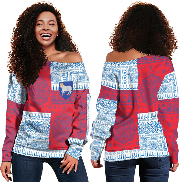 Faroe Islands Women Off Shoulder Sweatshirt Flag And Paisley Basic Style 1