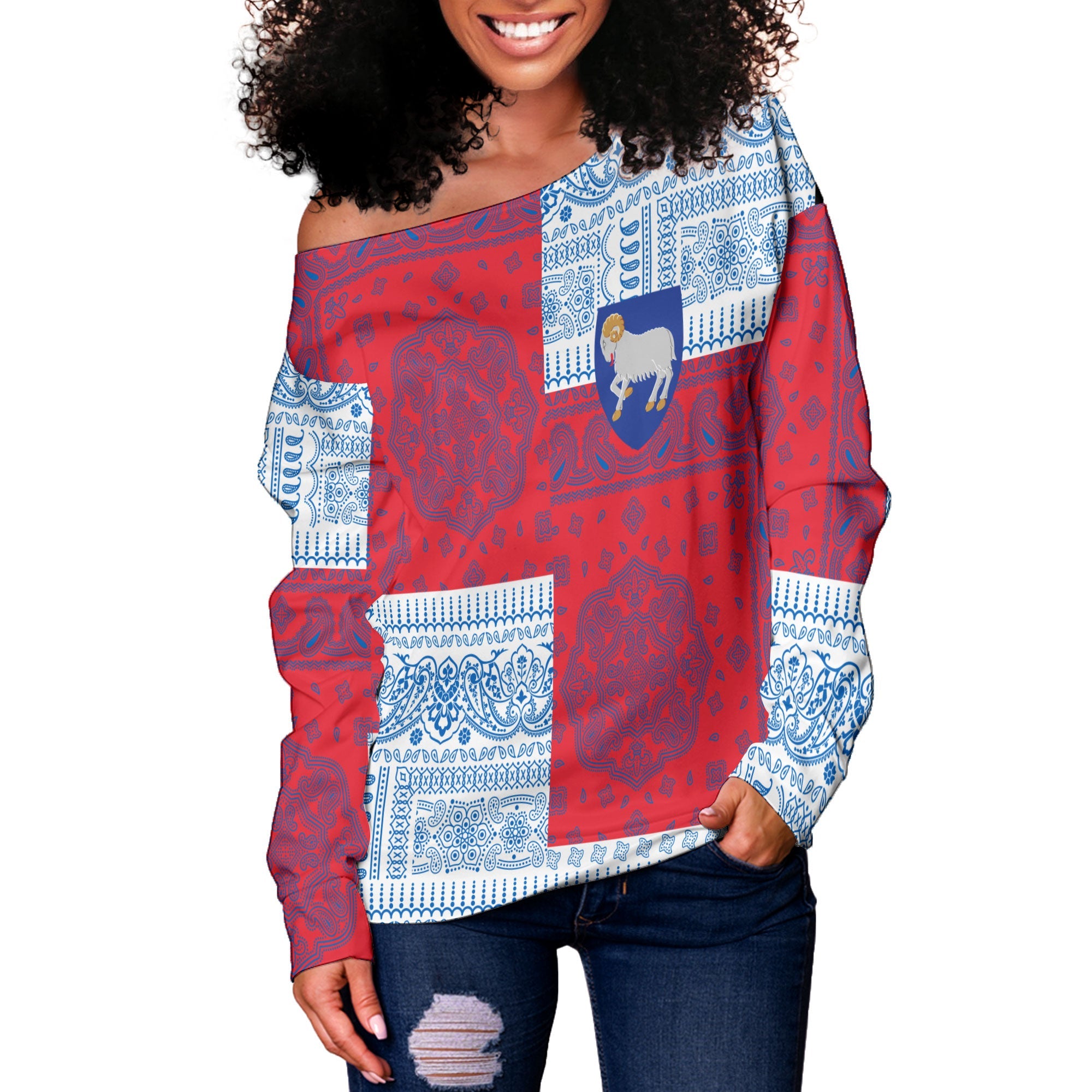 Faroe Islands Women Off Shoulder Sweatshirt Flag And Paisley Basic Style 2