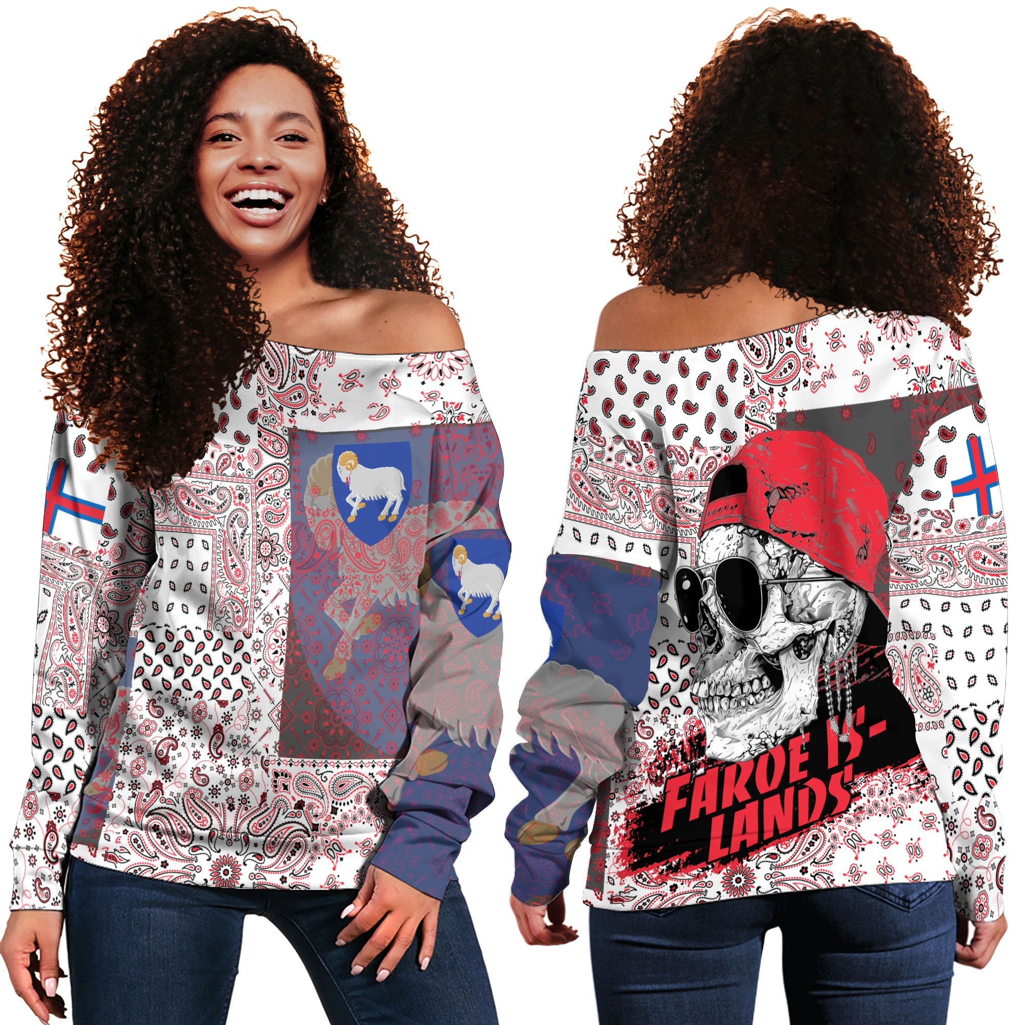 Faroe Islands Women Off Shoulder Sweatshirt Paisley Flag And Skull Style 1