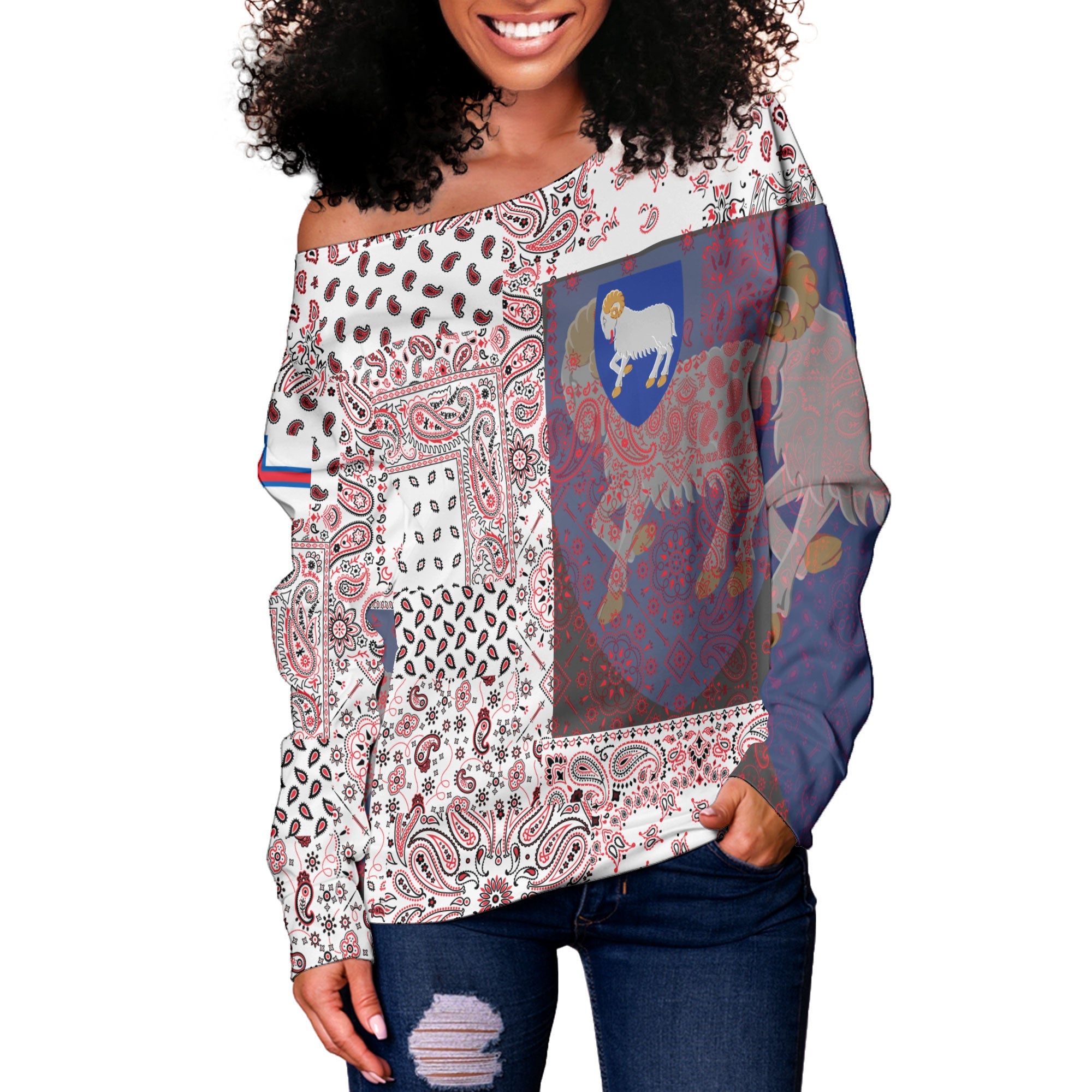 Faroe Islands Women Off Shoulder Sweatshirt Paisley Flag And Skull Style 2