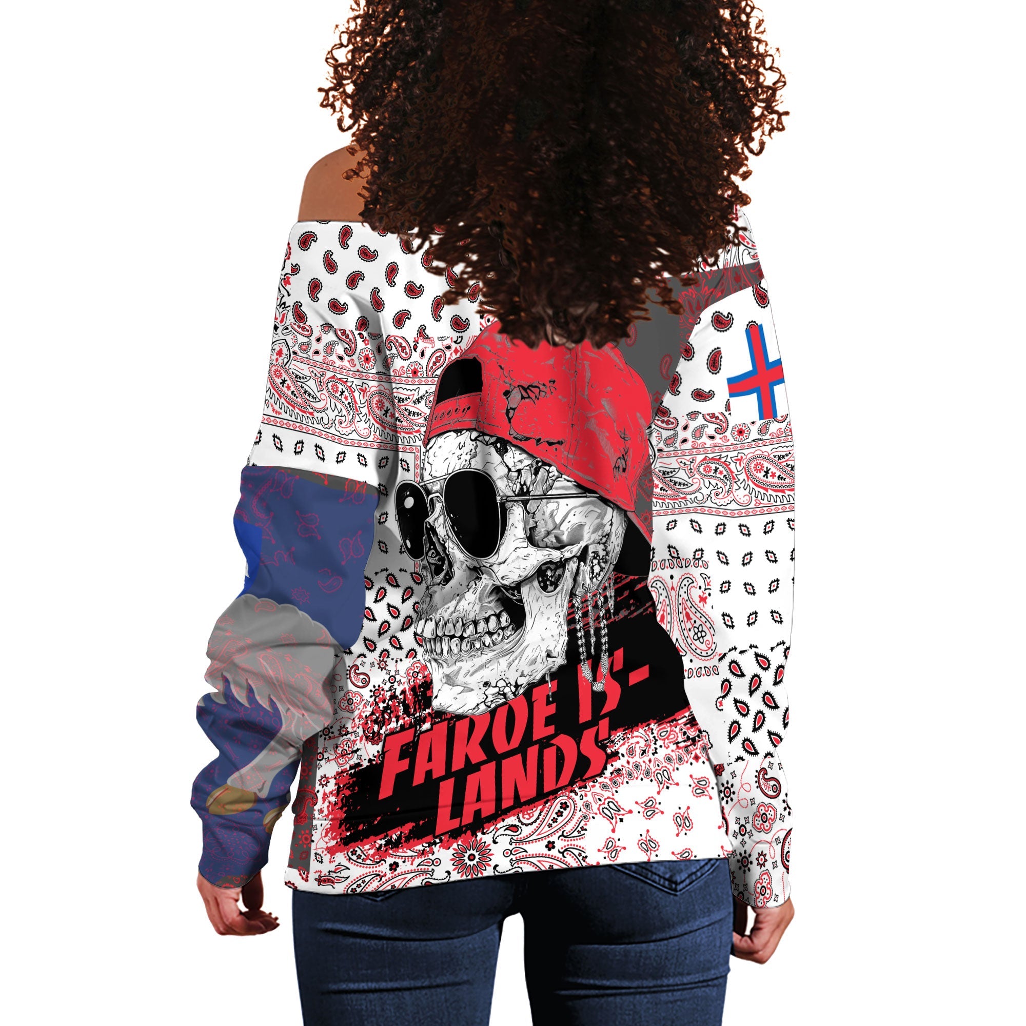 Faroe Islands Women Off Shoulder Sweatshirt Paisley Flag And Skull Style 3