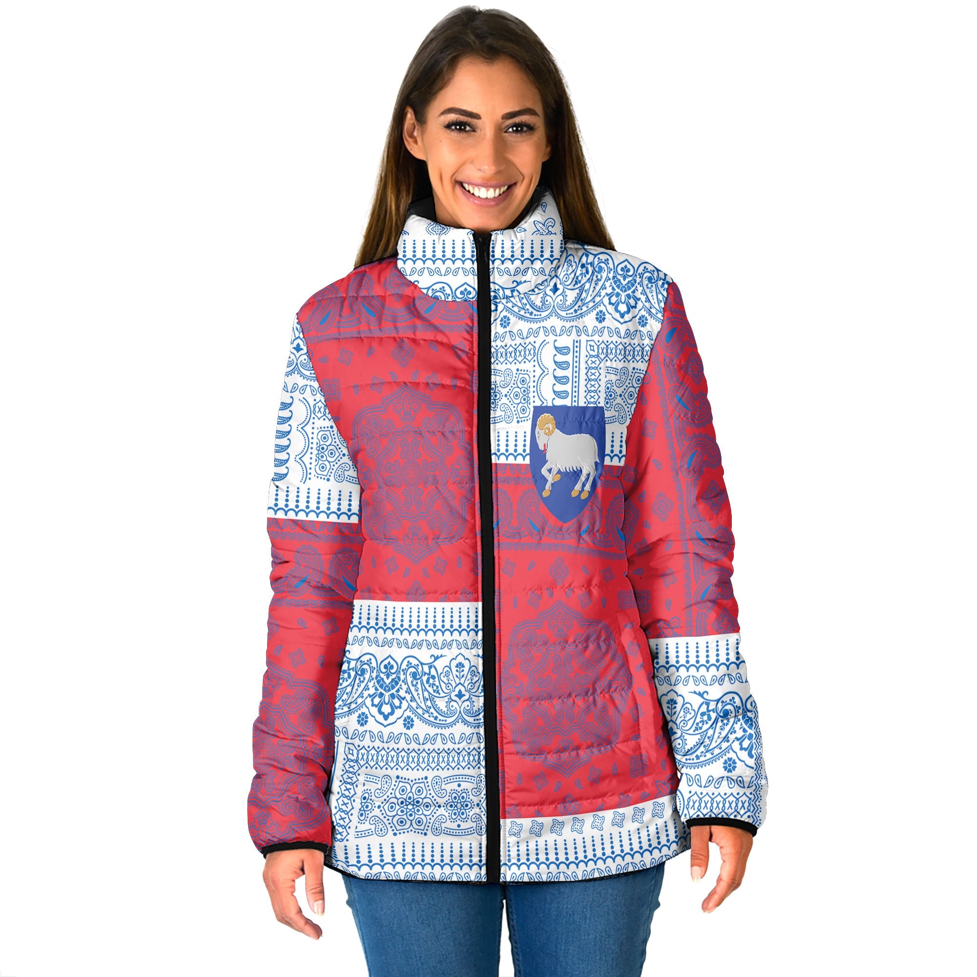 Faroe Islands Women Padded Jacket Flag And Paisley Basic Style 1