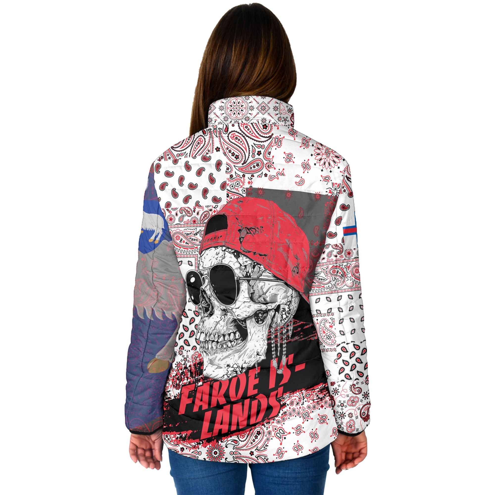 Faroe Islands Women Padded Jacket Paisley Flag And Skull Style 2