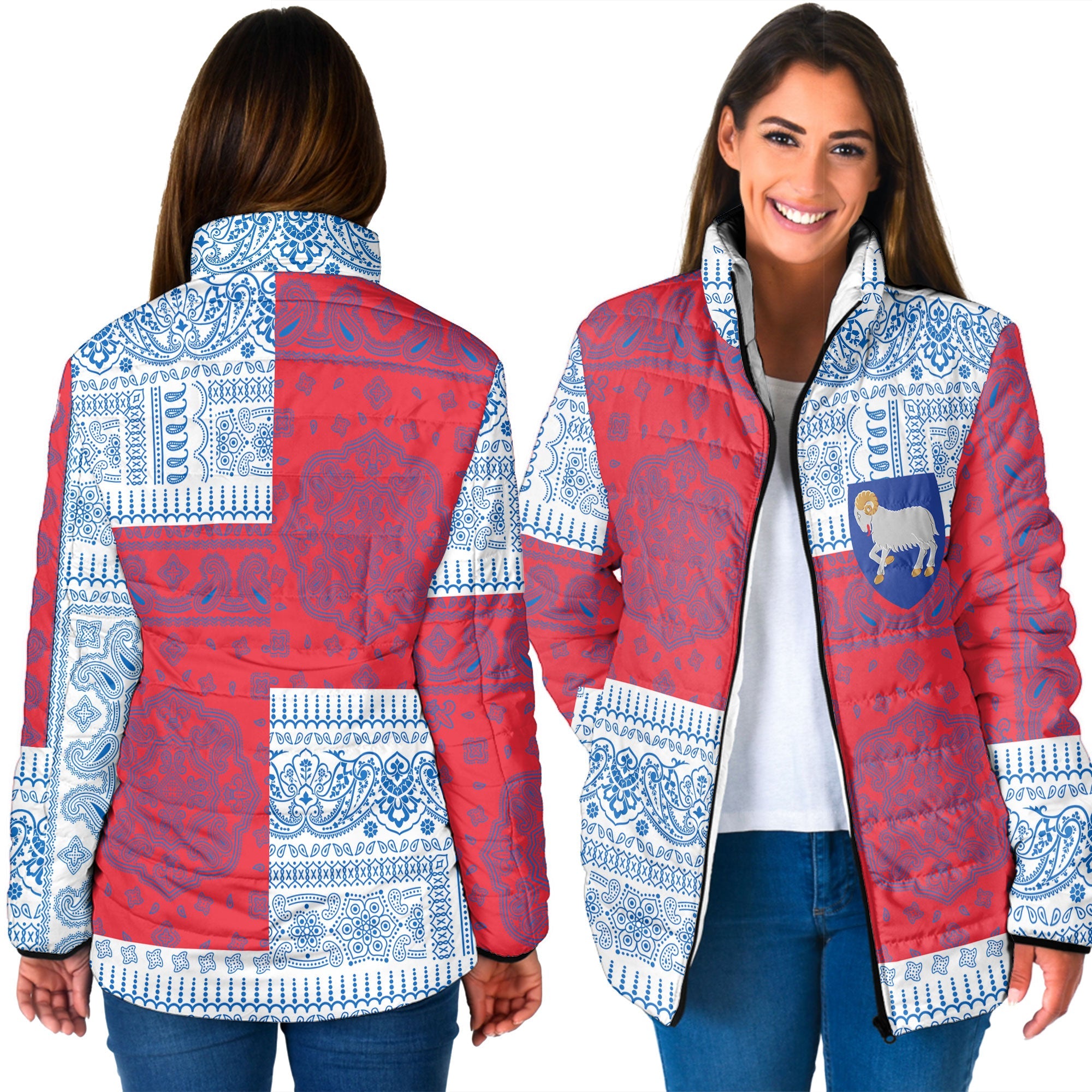 Faroe Islands Women Padded Jacket Flag And Paisley Basic Style 3