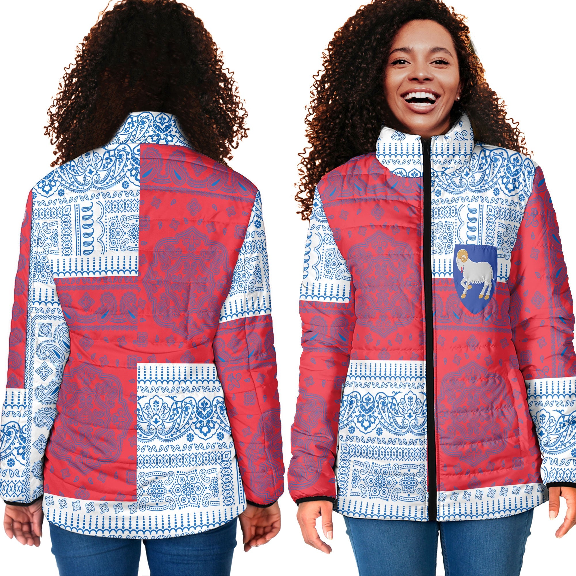 Faroe Islands Women Padded Jacket Flag And Paisley Basic Style 4