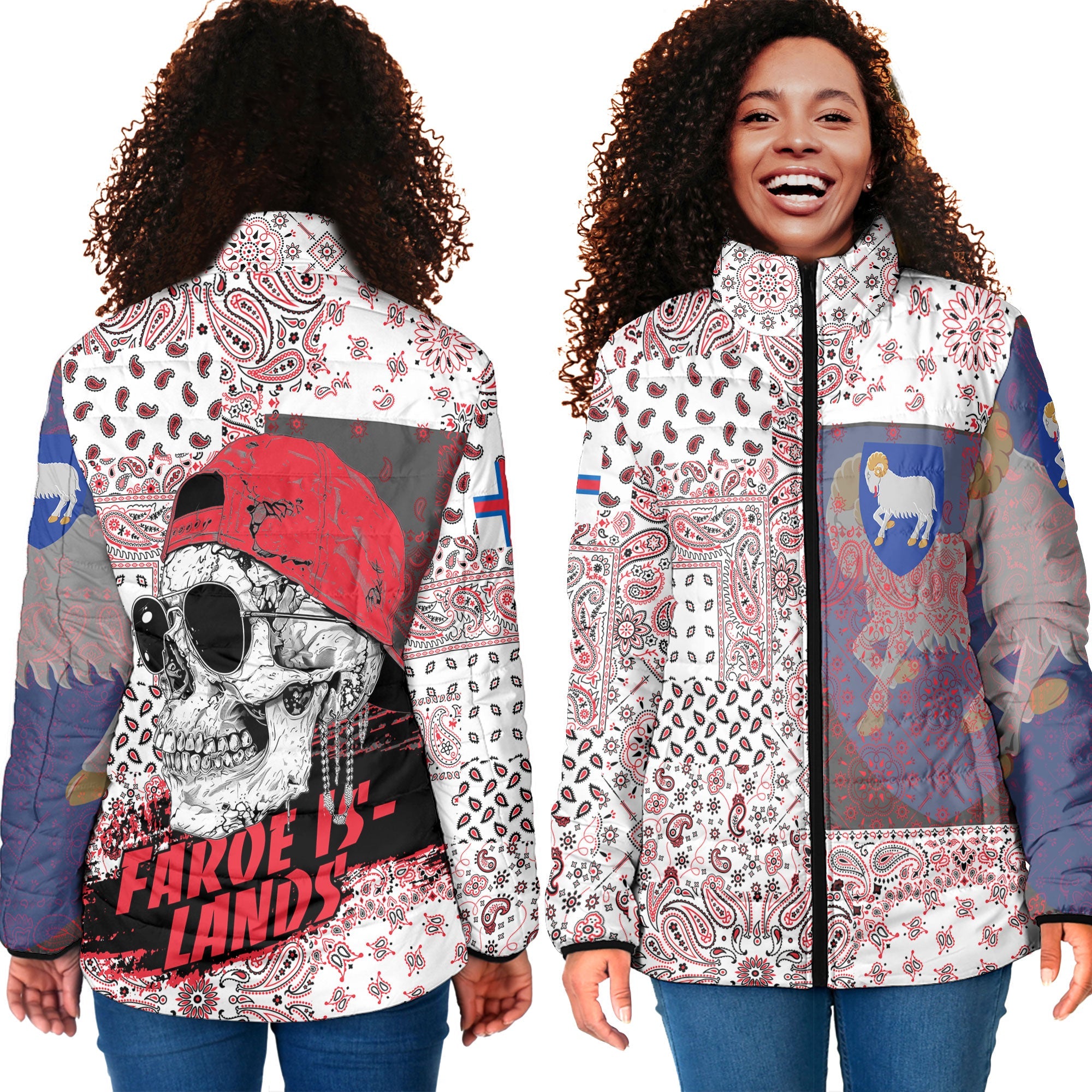 Faroe Islands Women Padded Jacket Paisley Flag And Skull Style 4