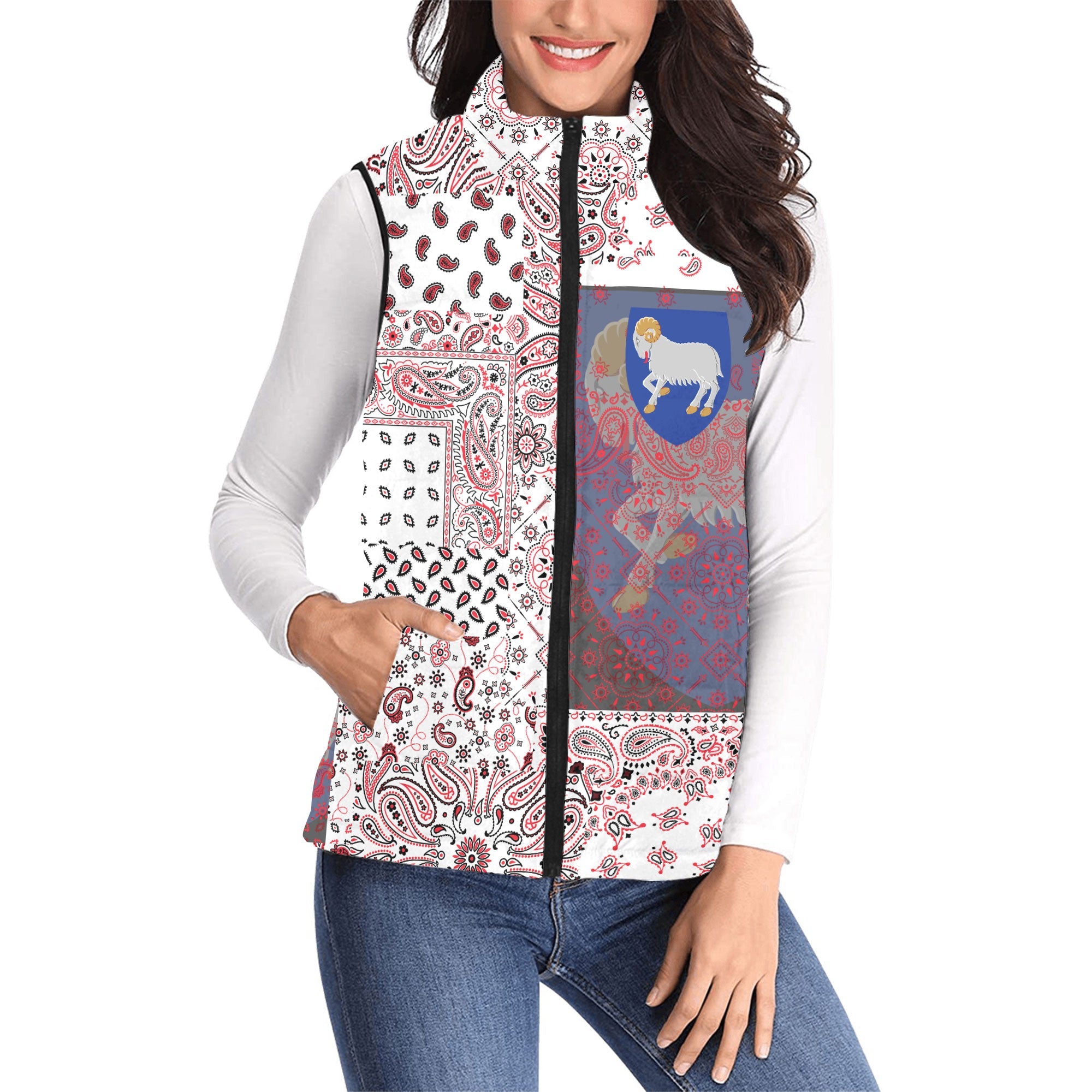 Faroe Islands Women Padded Jacket Vest Paisley Flag And Skull Style 1