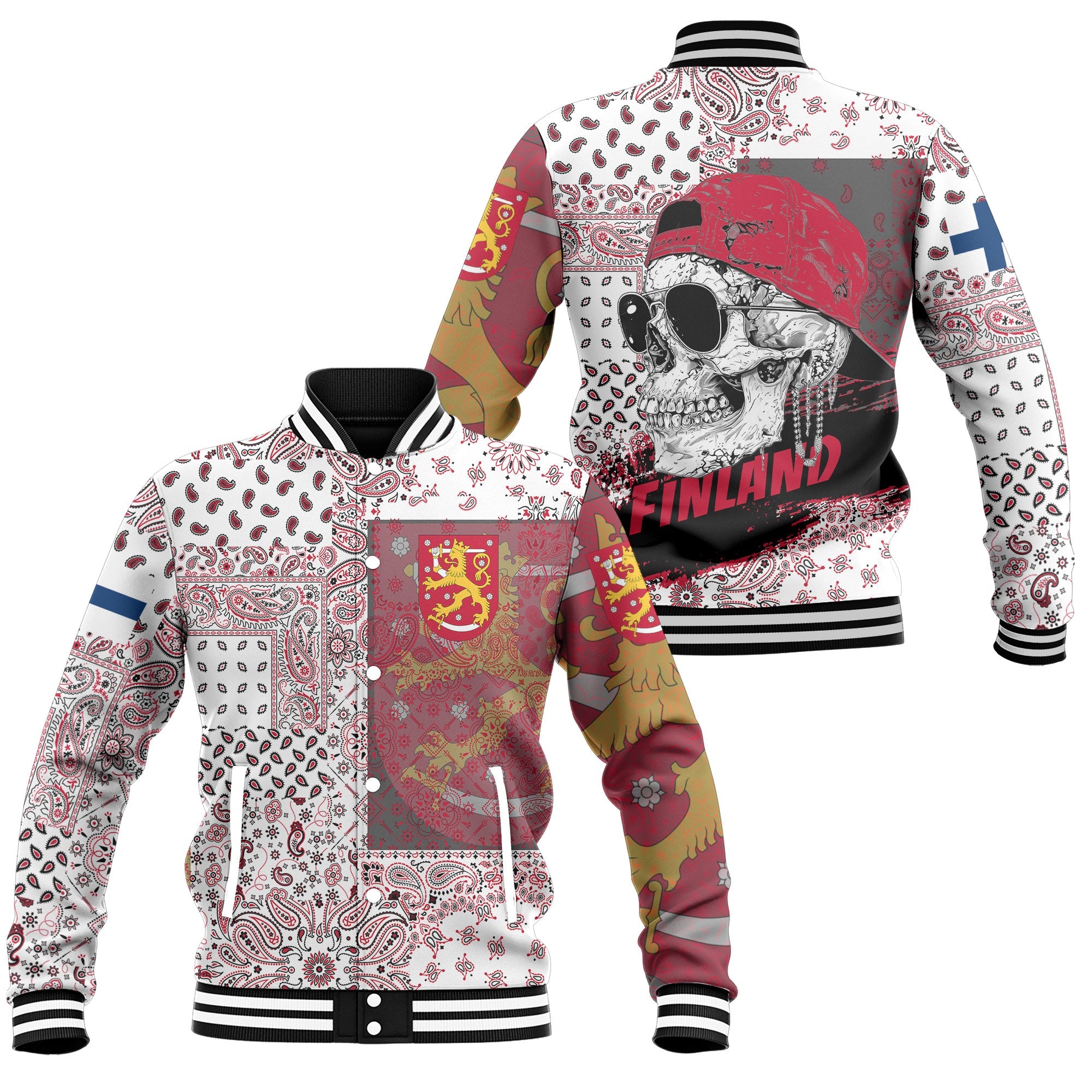 Finland Baseball Jacket Paisley Flag And Skull Style 1