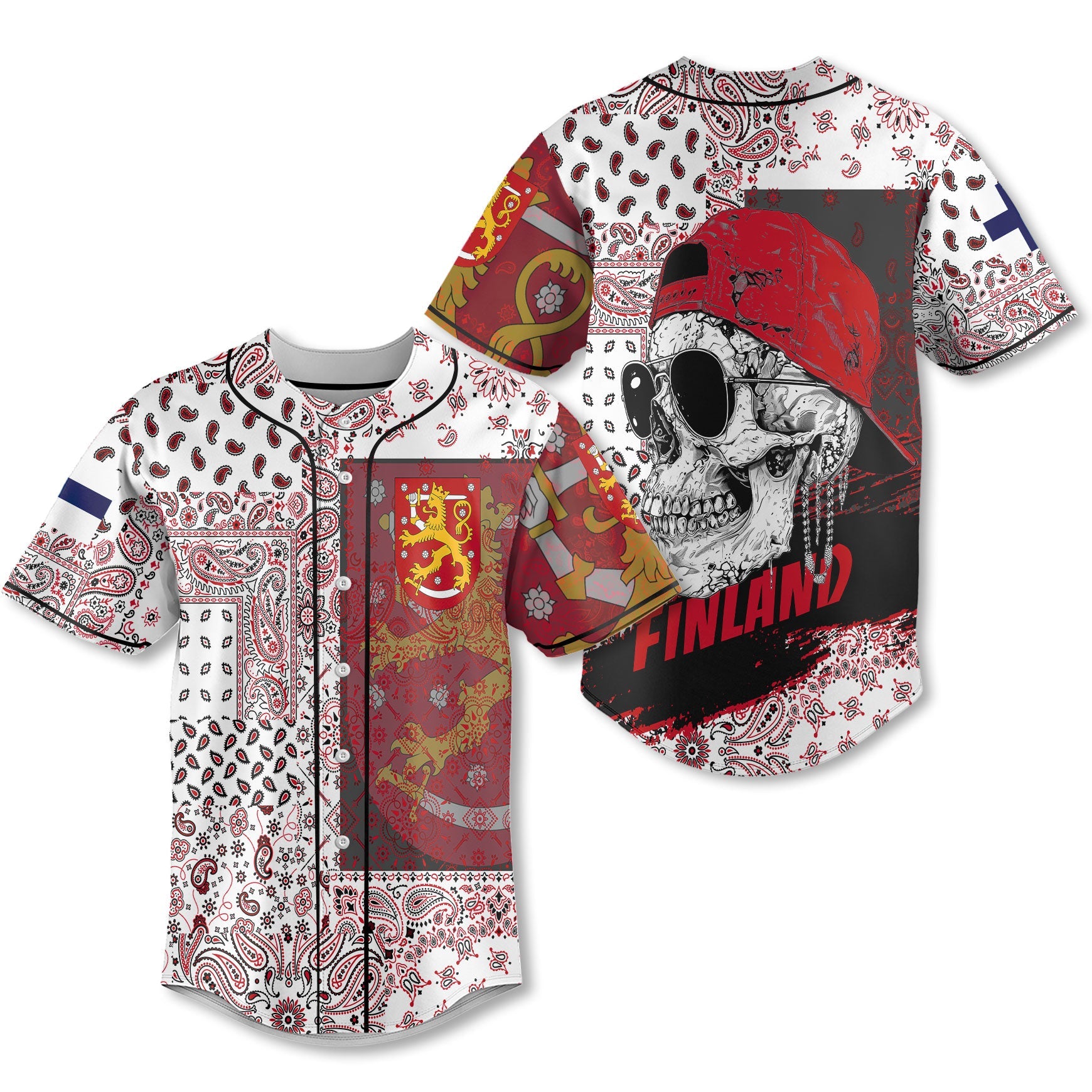 Finland Baseball Jersey Paisley Flag And Skull Style 1