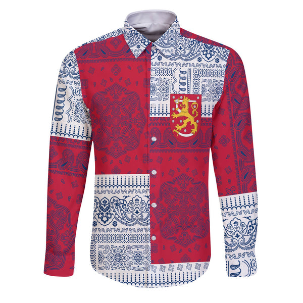 Finland Long Sleeve Button Shirt Flag And Paisley Basic Style 1