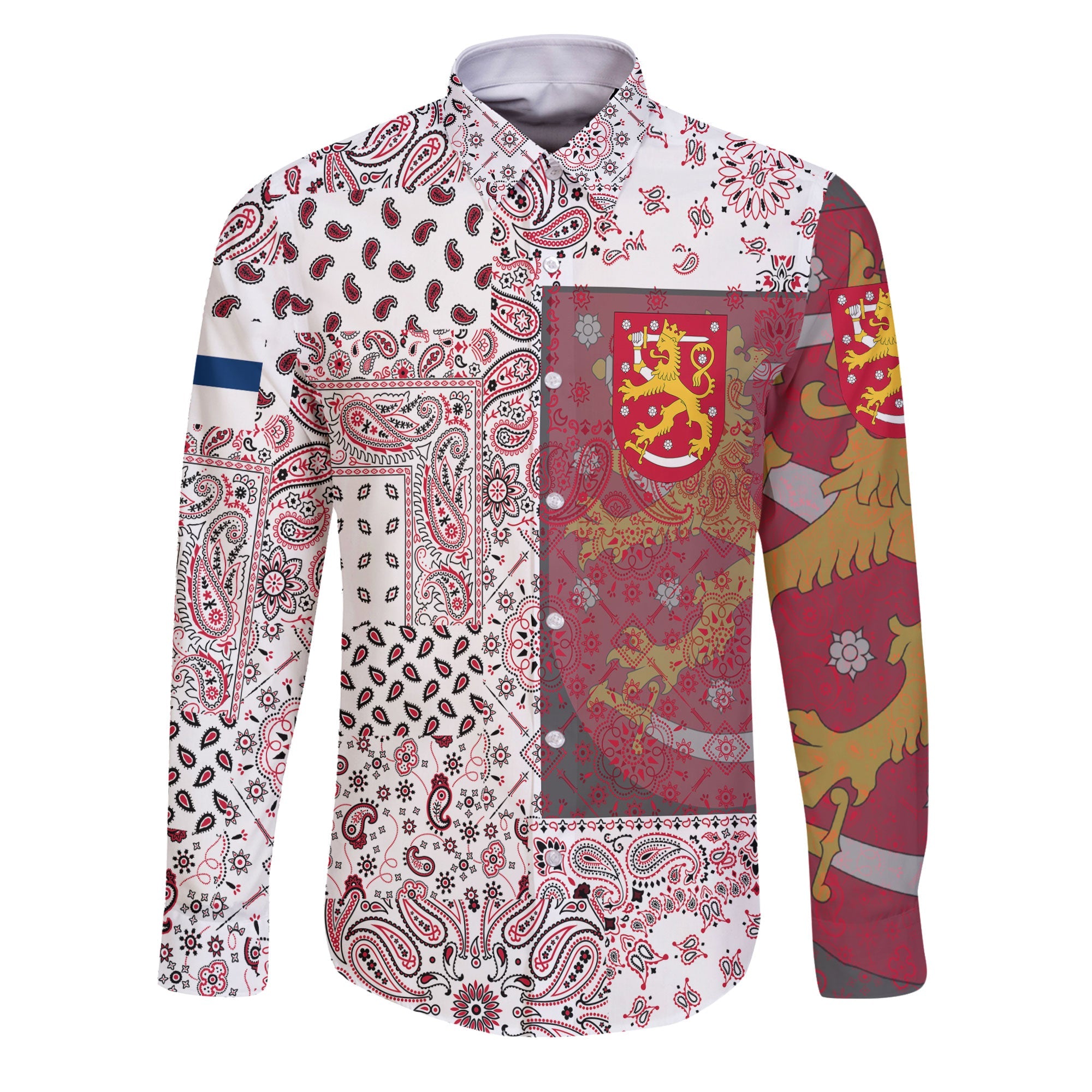 Finland Long Sleeve Button Shirt Paisley Flag And Skull Style 1