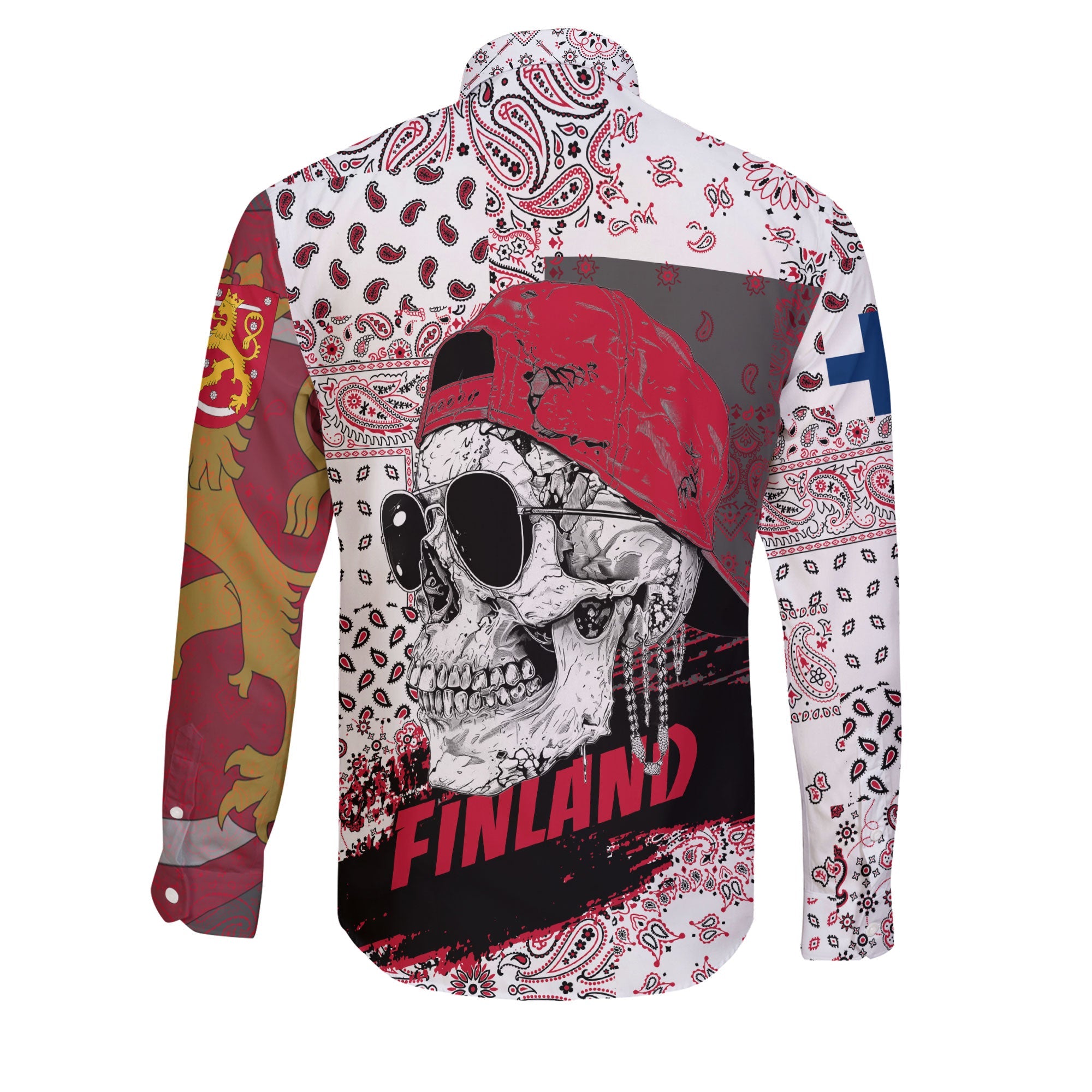 Finland Long Sleeve Button Shirt Paisley Flag And Skull Style 2