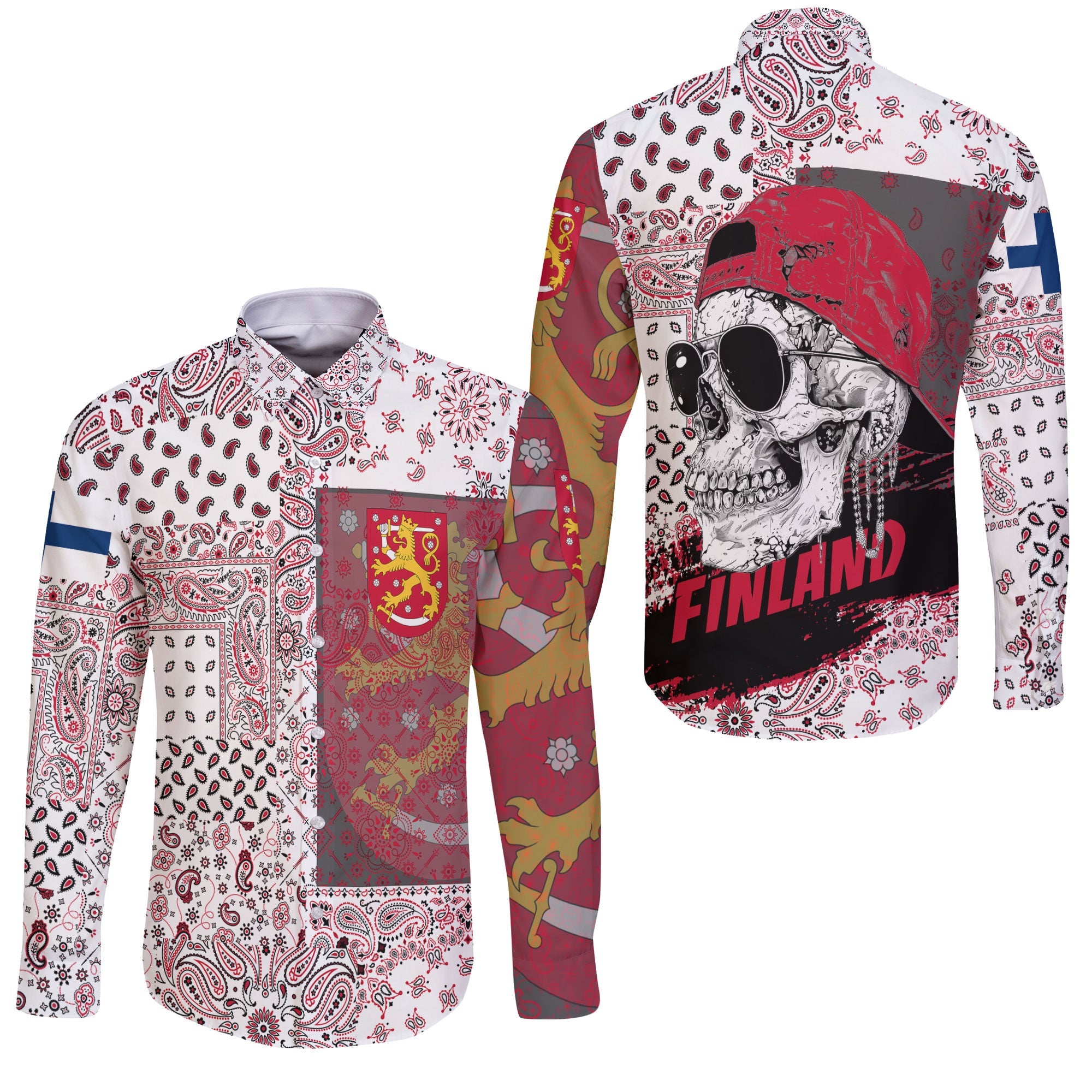 Finland Long Sleeve Button Shirt Paisley Flag And Skull Style 3