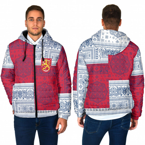 Finland Men Hooded Padded Jacket Flag And Paisley Basic Style 1