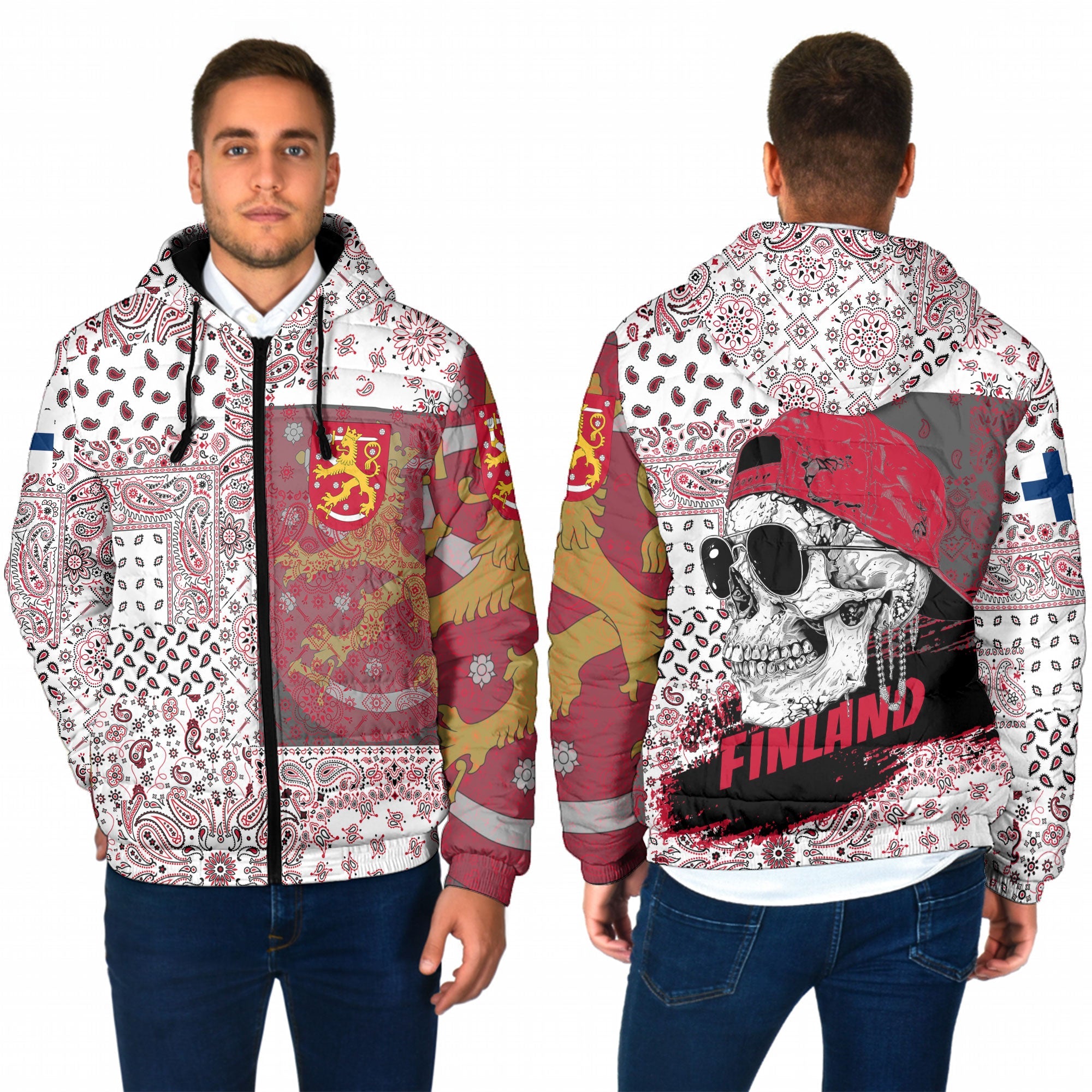 Finland Men Hooded Padded Jacket Paisley Flag And Skull Style 1