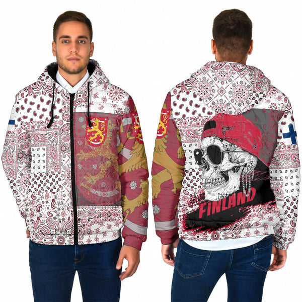 Finland Men Hooded Padded Jacket Paisley Flag And Skull Style 1