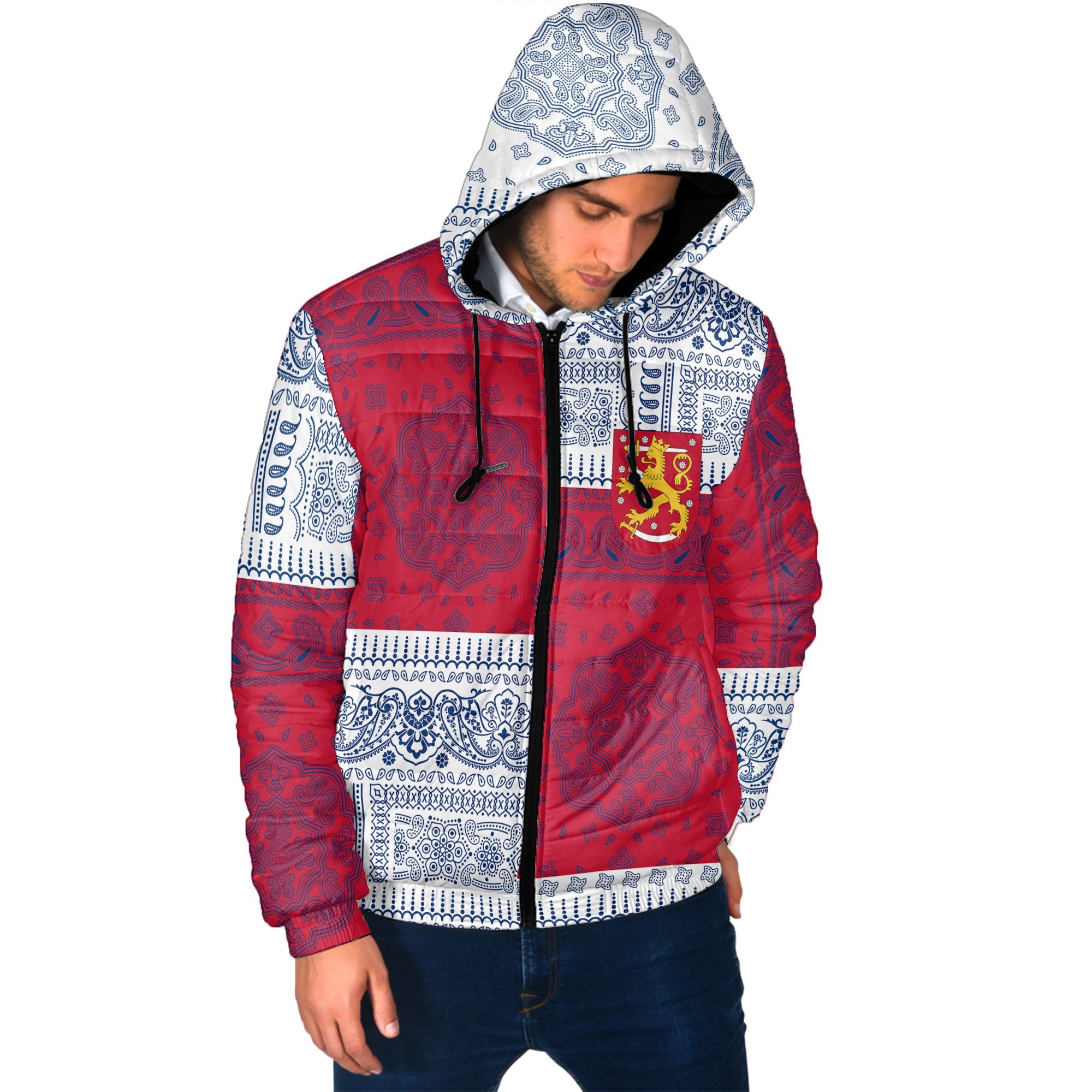 Finland Men Hooded Padded Jacket Flag And Paisley Basic Style 2