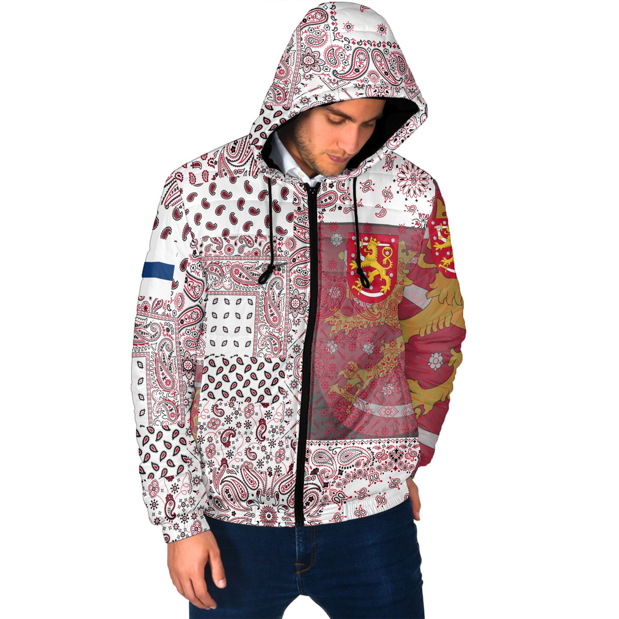 Finland Men Hooded Padded Jacket Paisley Flag And Skull Style 2