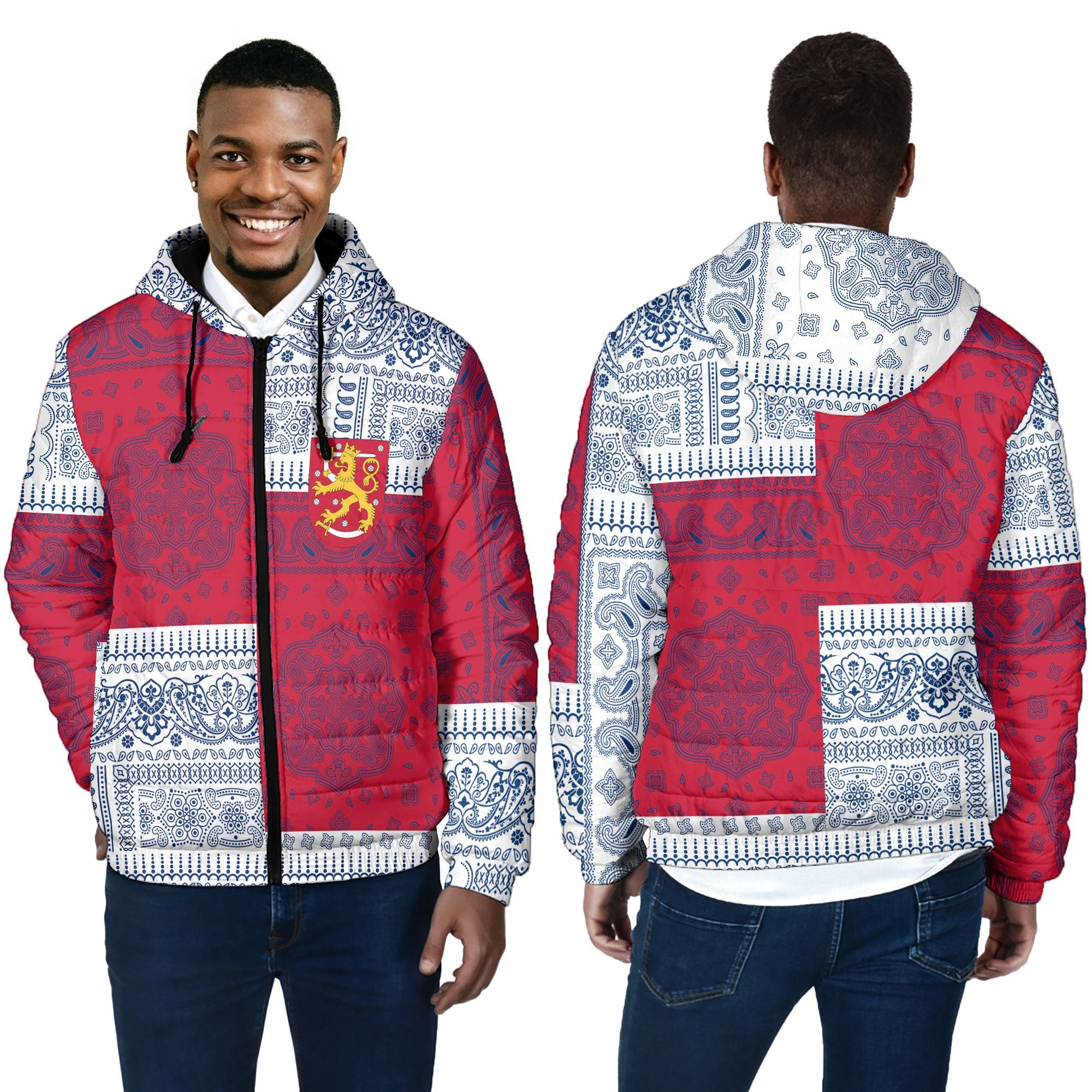 Finland Men Hooded Padded Jacket Flag And Paisley Basic Style 4