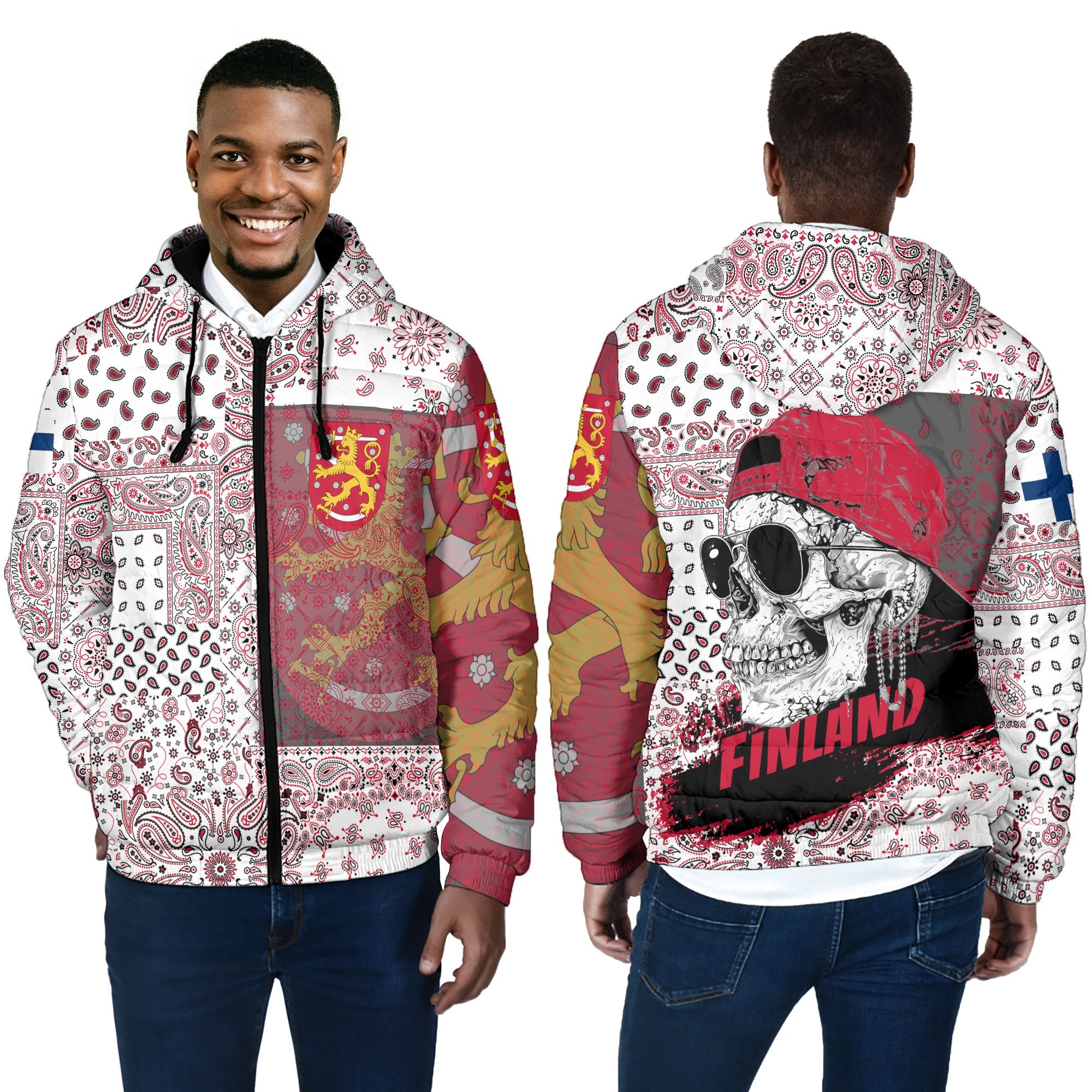 Finland Men Hooded Padded Jacket Paisley Flag And Skull Style 4