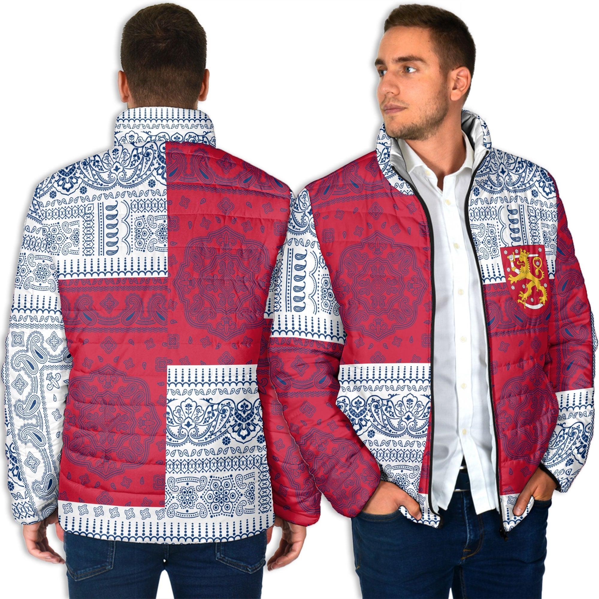 Finland Men Padded Jacket Flag And Paisley Basic Style 4