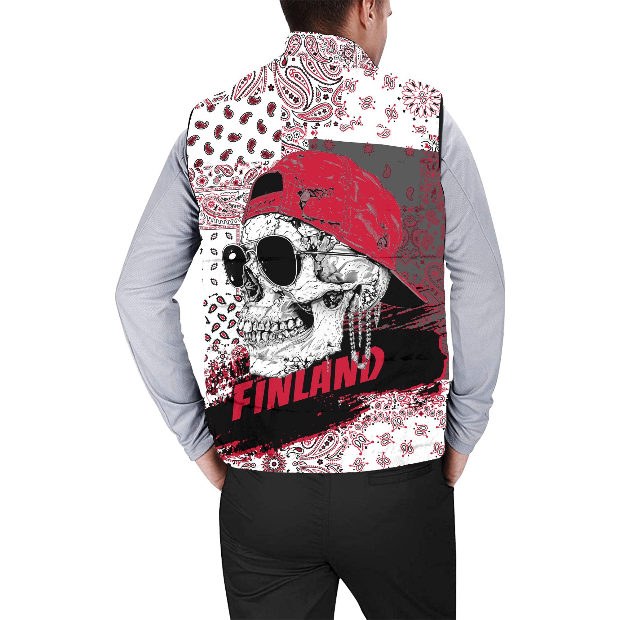 Finland Men Padded Jacket Vest Paisley Flag And Skull Style 2