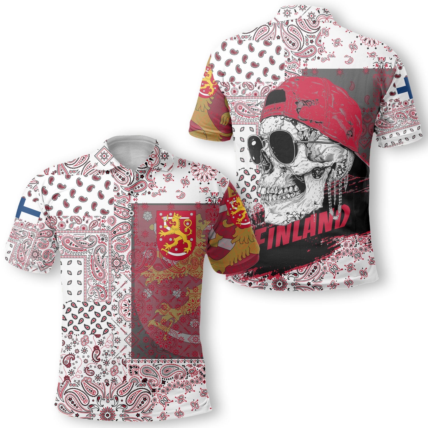 Finland Polo Shirt Paisley Flag And Skull Style 1