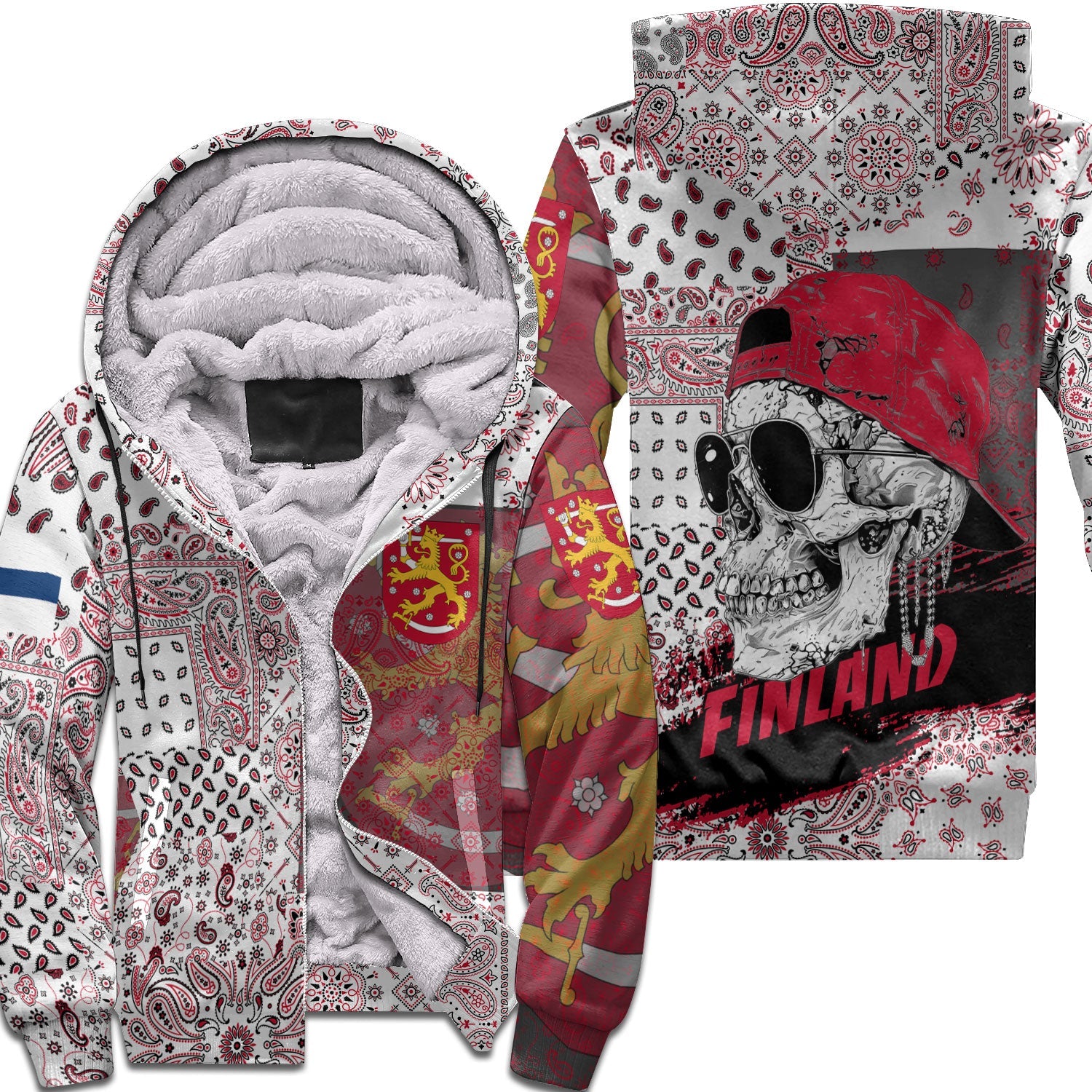 Finland Sherpa Hoodie Paisley Flag And Skull Style 1