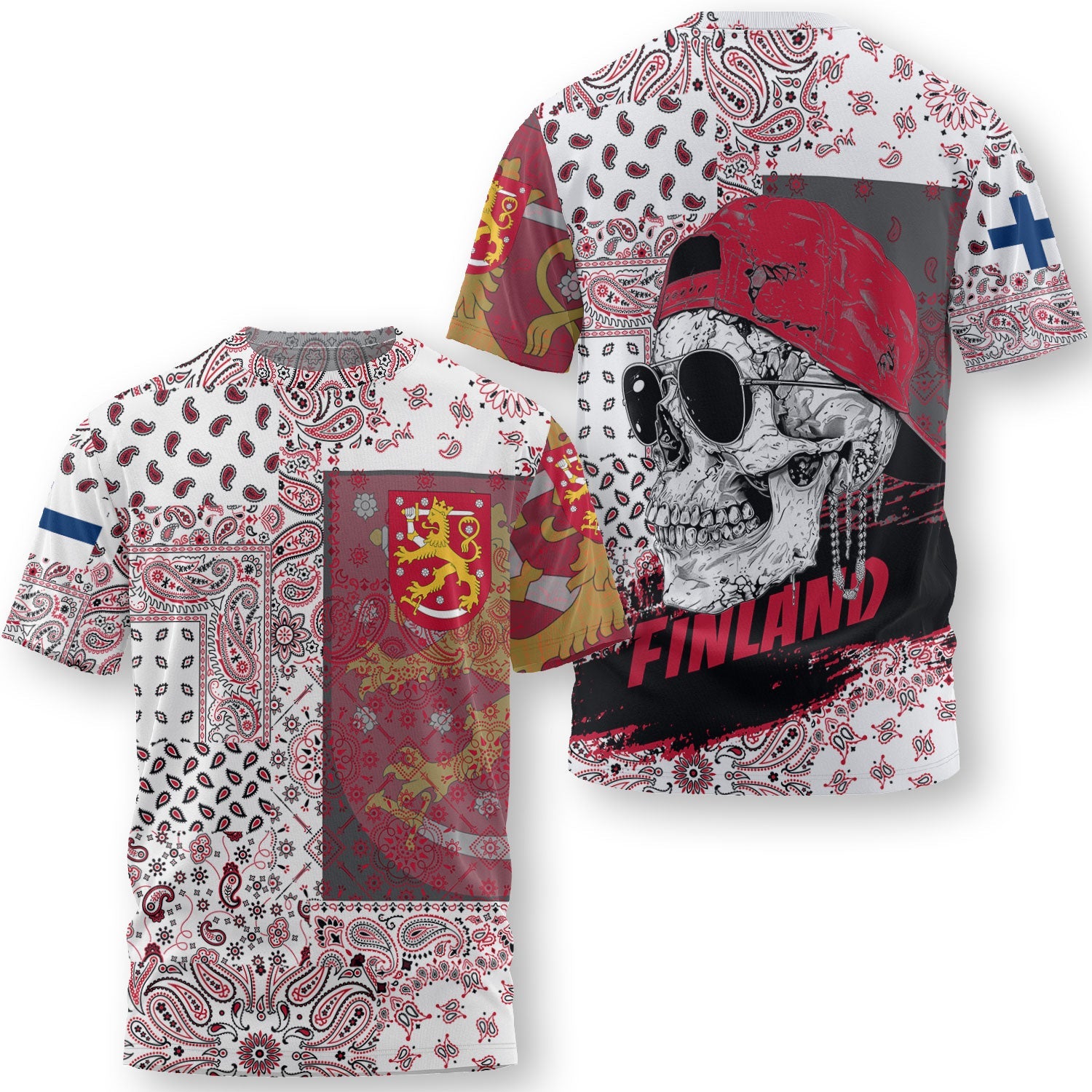 Finland T Shirt Paisley Flag And Skull Style 3