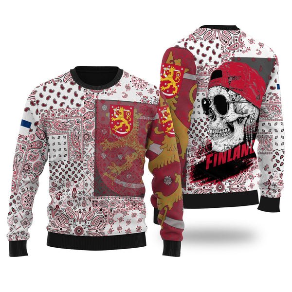 Finland Ugly Sweater Paisley Flag And Skull Style 1