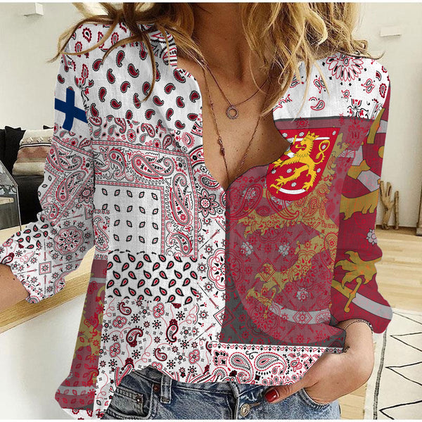 Finland Women Casual Shirt Paisley Flag And Skull Style 1