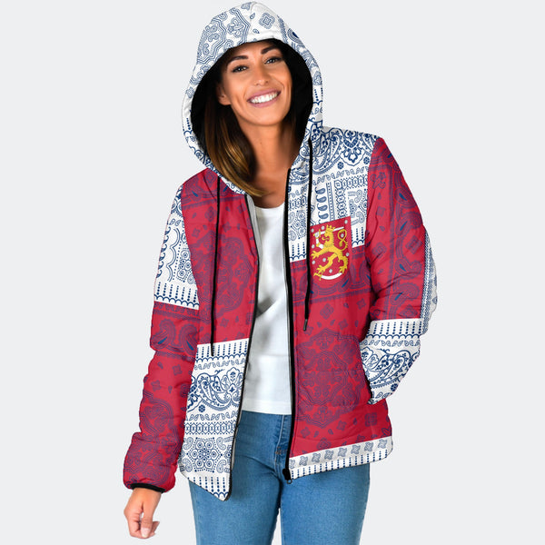 Finland Women Hooded Padded Jacket Flag And Paisley Basic Style 1