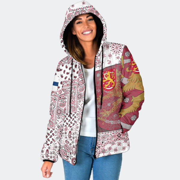 Finland Women Hooded Padded Jacket Paisley Flag And Skull Style 1